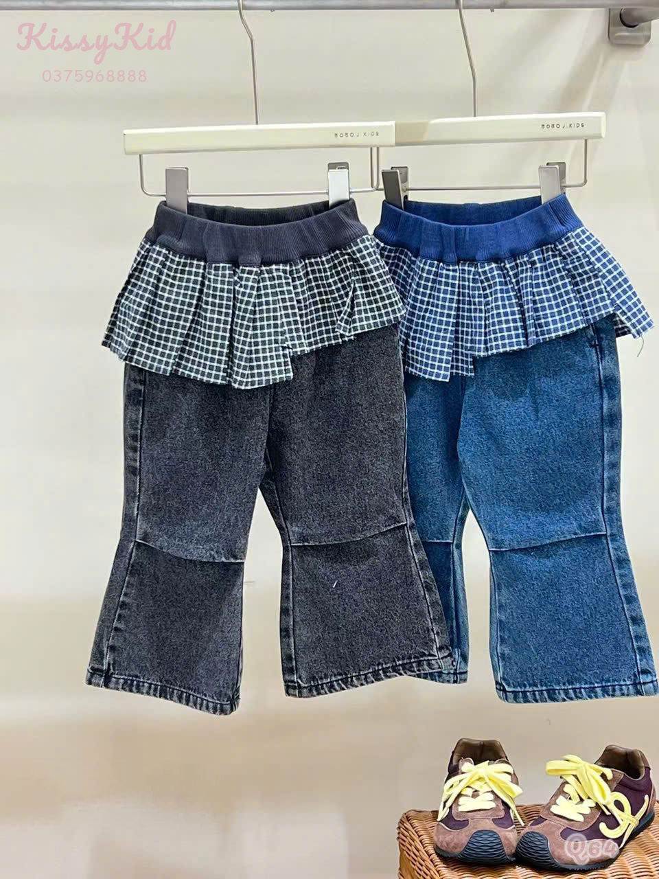 (Q94) Quần bò mềm ống loe cạp bèo kẻ caro màu xanh BoboJ