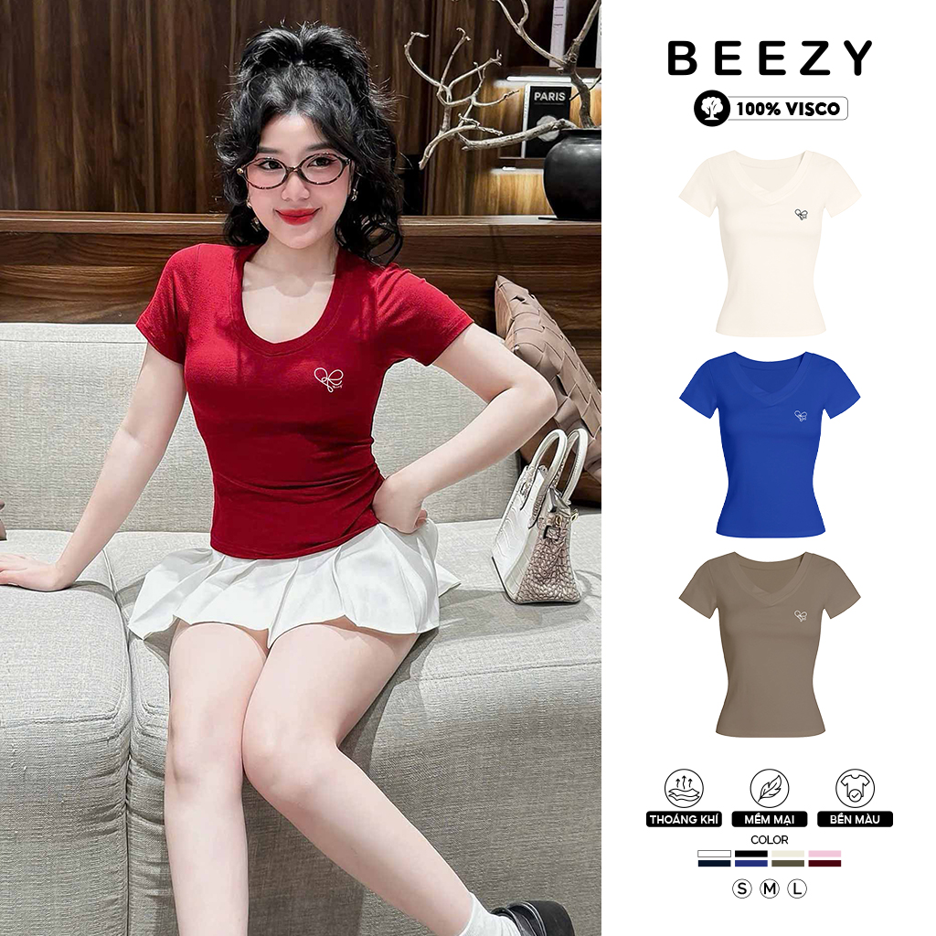 Áo thun nữ cổ tim ôm body Beezy 2489 form ôm 100% Visco dễ phối đồ thoáng mát thấm hút mồ hôi size S M L_thumbnail_1