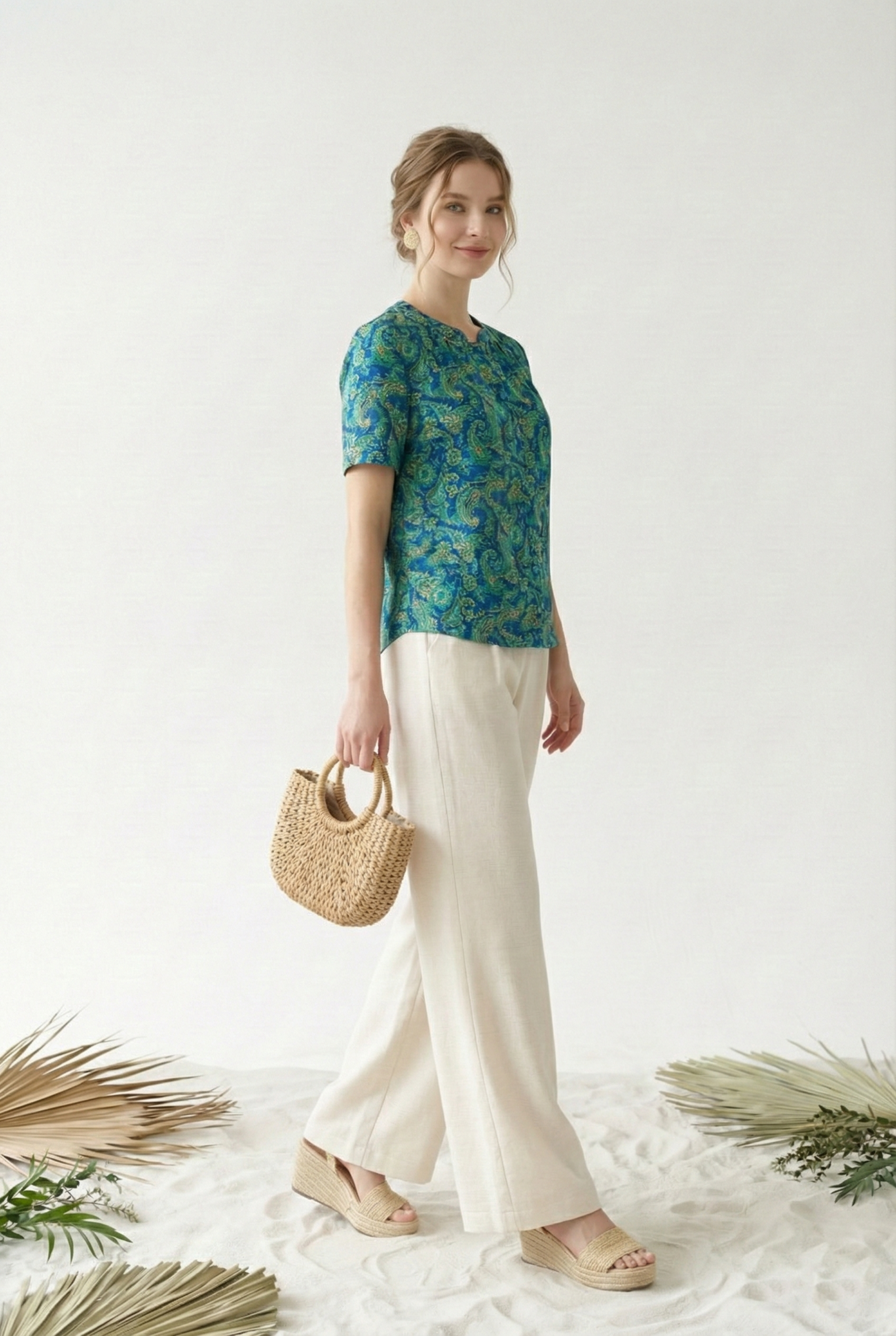 Áo sơ mi vải lụa gấm xanh in họa tiết cách điệu cổ tàu tay ngắn thiết kế MAZANO