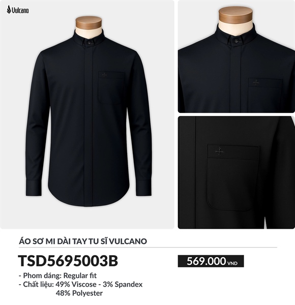 Áo sơ mi cổ côn dài tay màu đen vải sợi tre bambo Vulcano size XL
