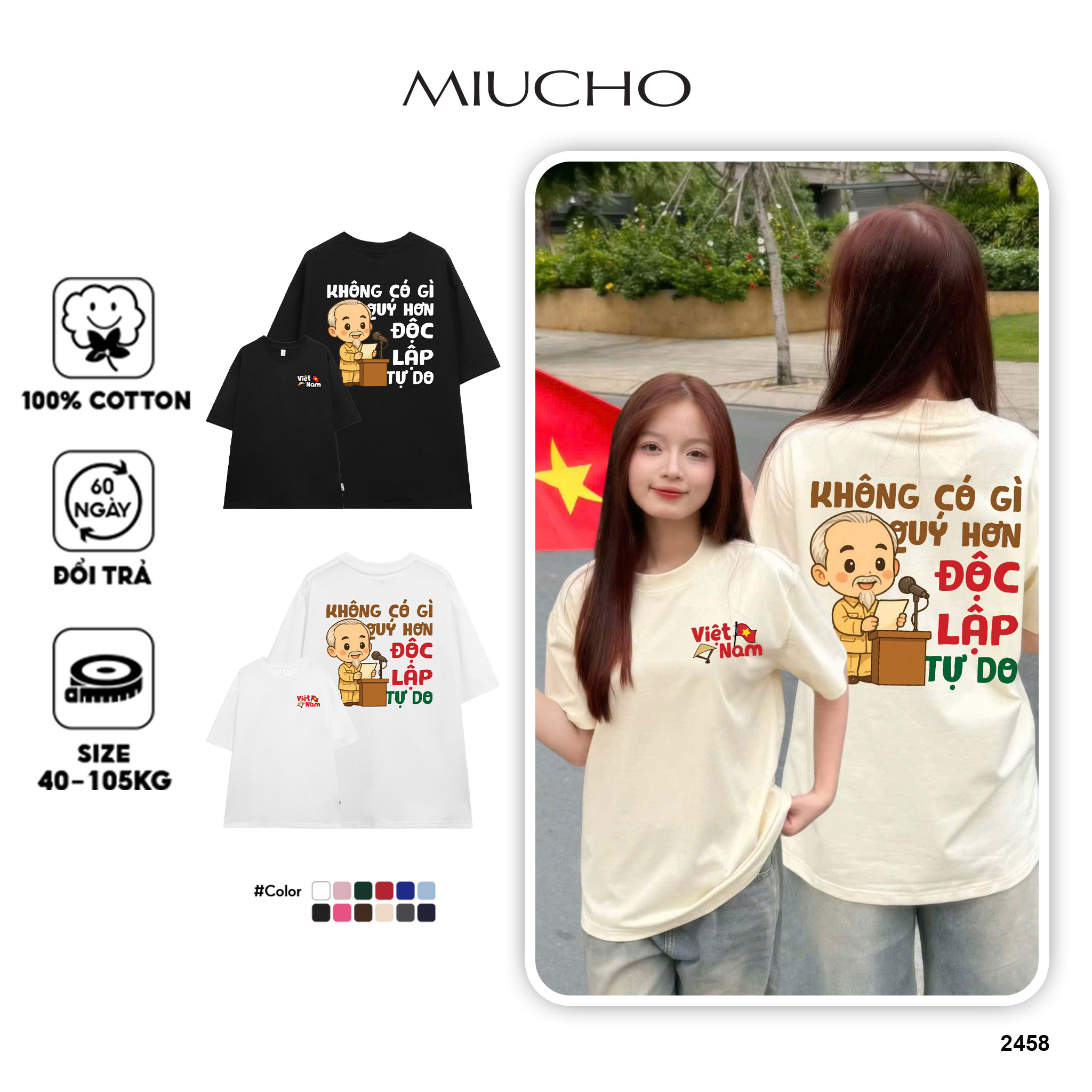 Áo thun Độc Lập Tự Do form rộng ATD2458 Miucho vải cotton thoáng mát cổ tròn in mix