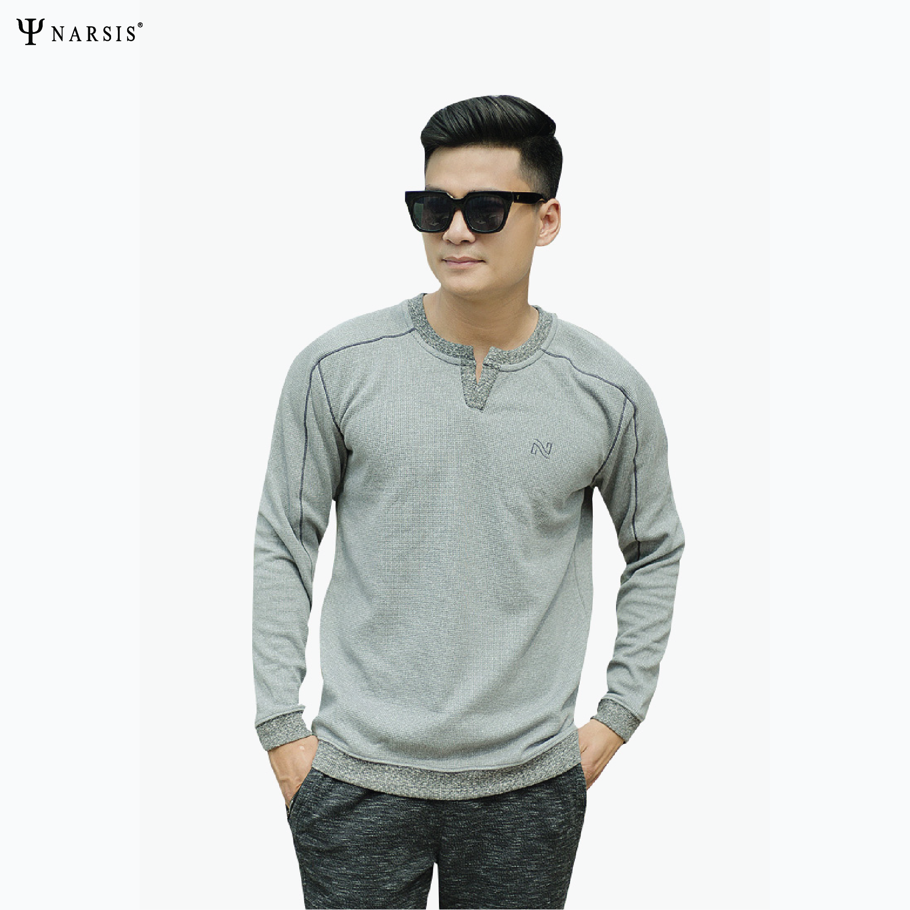 ÁO NAM NARSIS  MÀU GHI D7064 NARSIS VẢI LEN COTTON ẤM ÁP, THOÁNG MÁT, GIỮ ẤM TỐT, MỀM MẠI