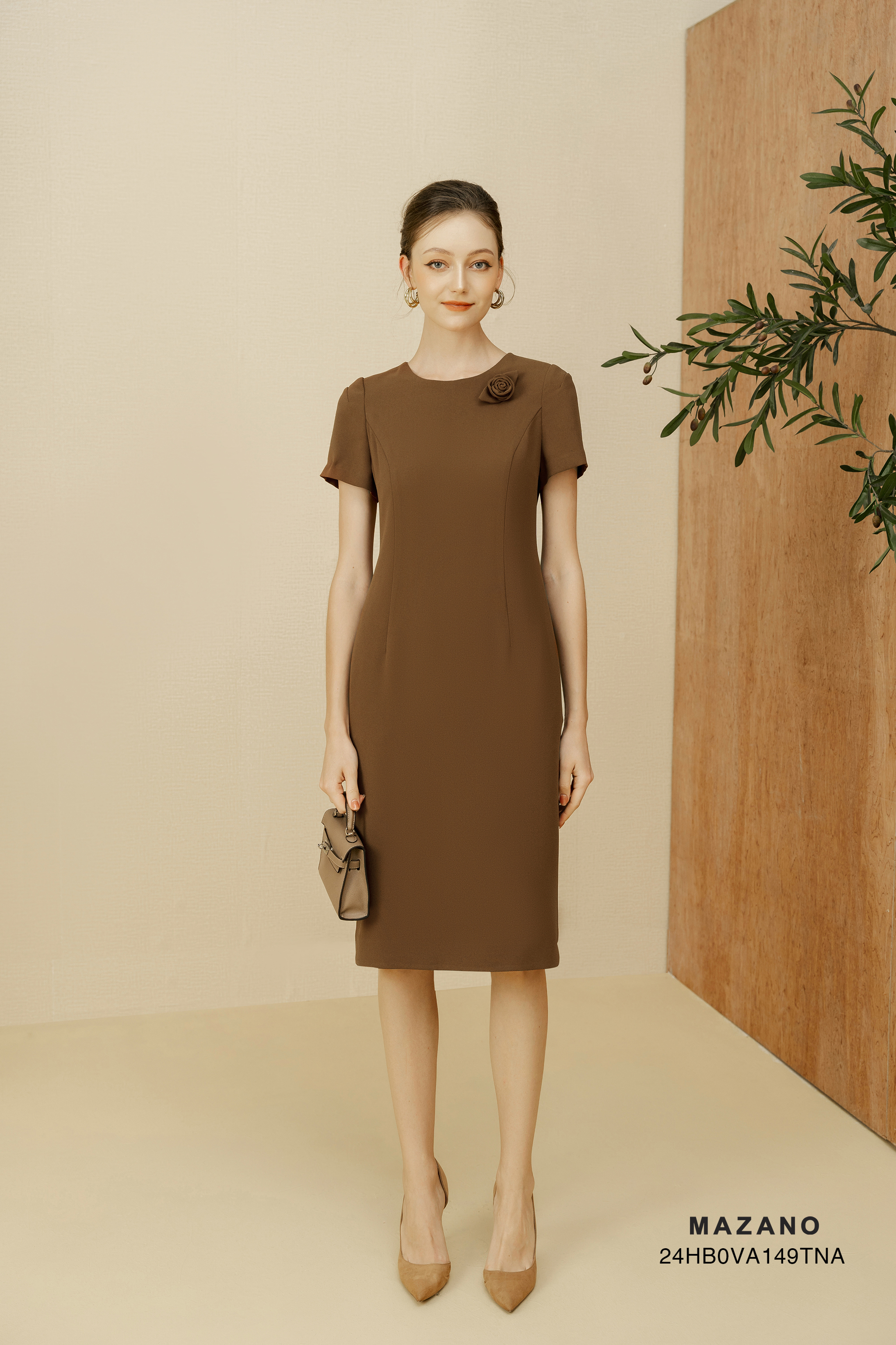 Váy Đầm suông Vải Thô mỏng Cuốn hoa Cổ tròn Tay ngắn Dài tới bắp chân