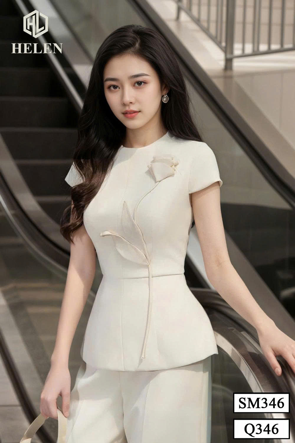 Set sơ mi kem cổ tròn đính hoa ngực + quần suông màu kem SET346Q