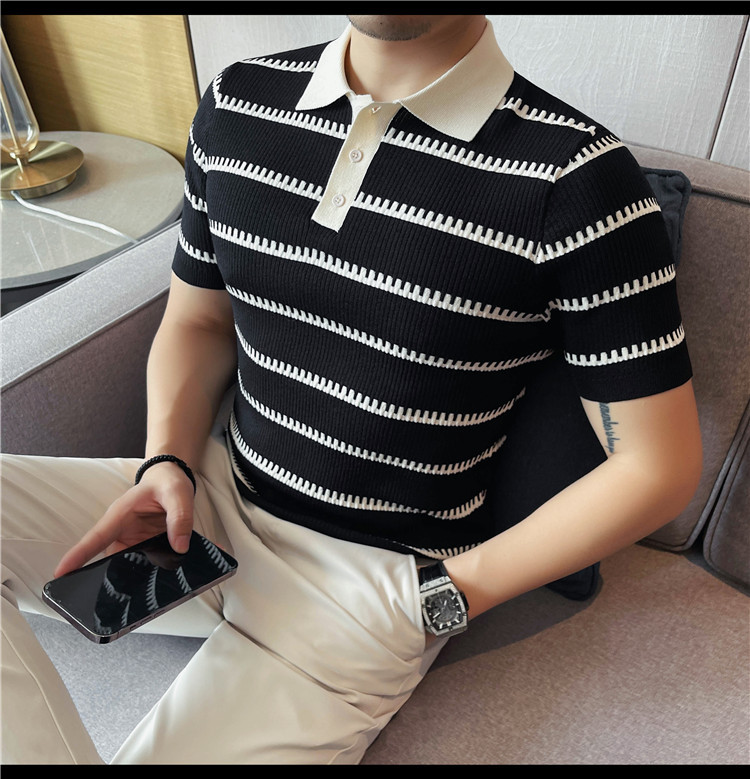 PA59 – Áo polo nam dệt kim băng lụa sọc tay ngắn, ve áo co giãn_thumbnail_3