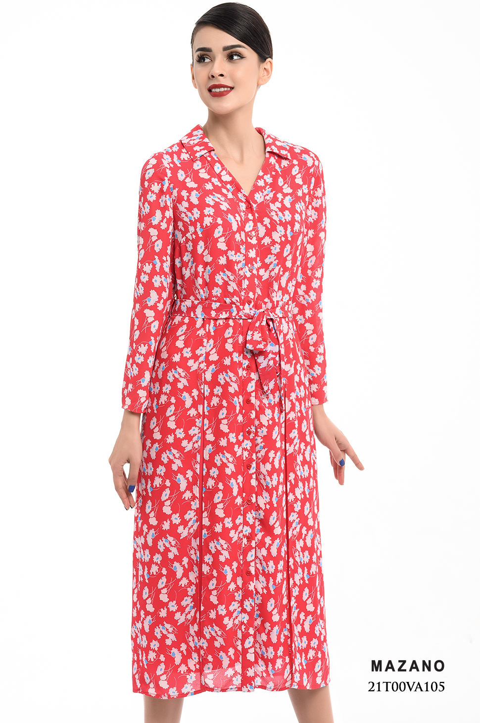 Đầm sơ mi họa tiết nền đỏ xẻ thân thắt đai_thumbnail_3