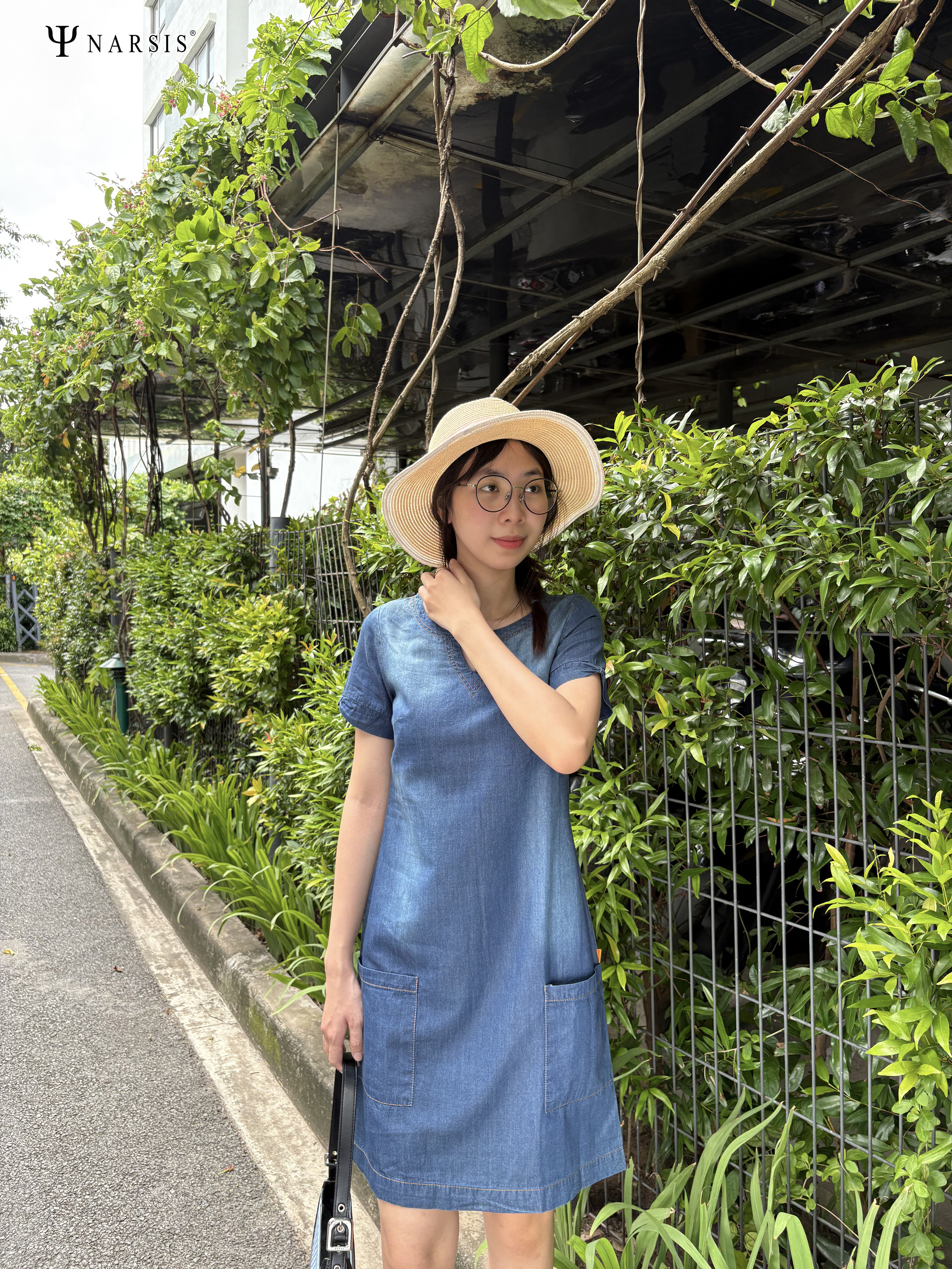 ĐẦM JEAN CỔ V TAY NƠ B8001 NARSIS CHẤT LIỆU JEAN BỀN BỈ, CÁ TÍNH, TRẺ TRUNG, THỜI TRANG_thumbnail_7