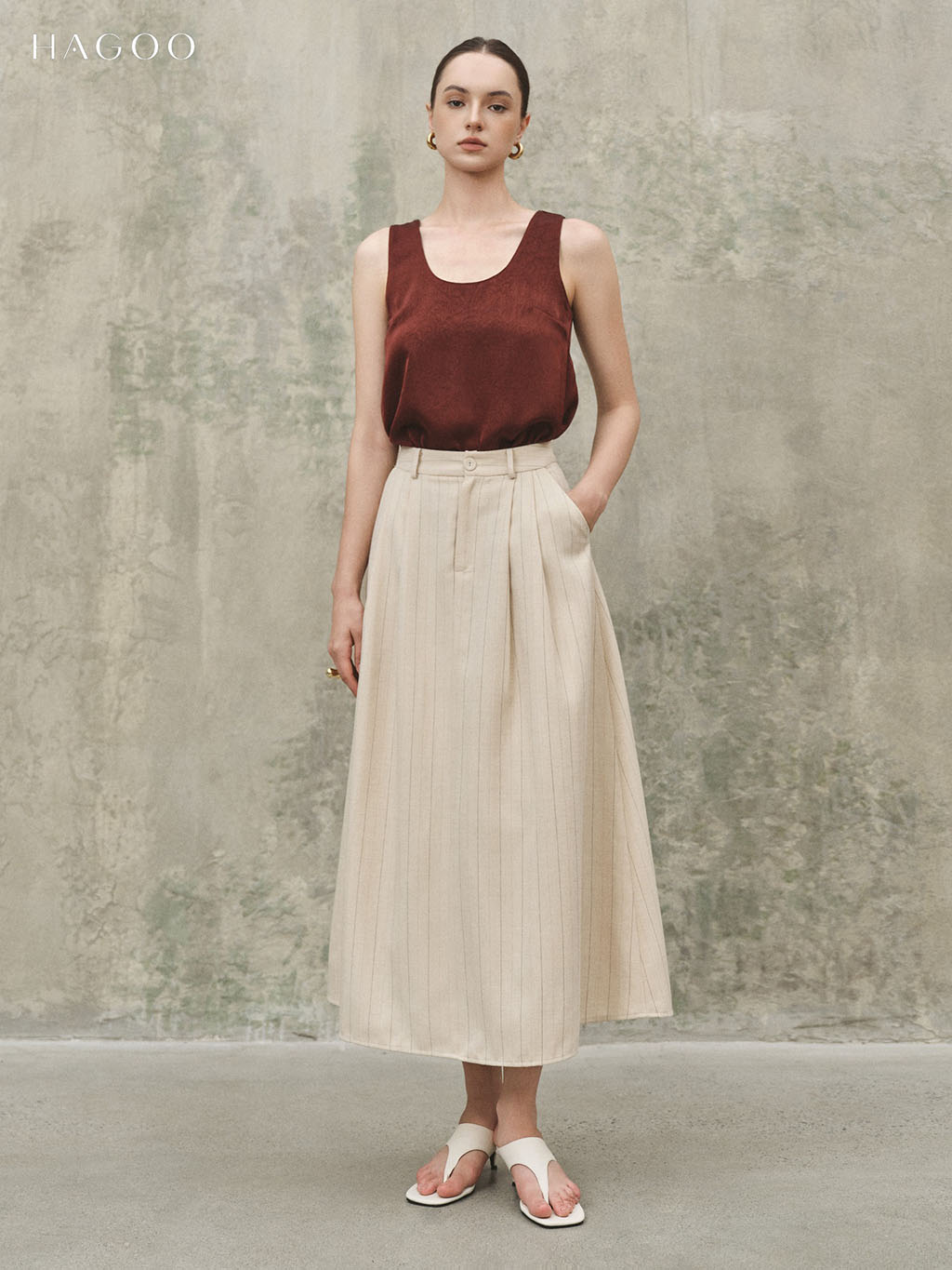 Chân váy xếp ly xòe A kẻ sọc HAGOO