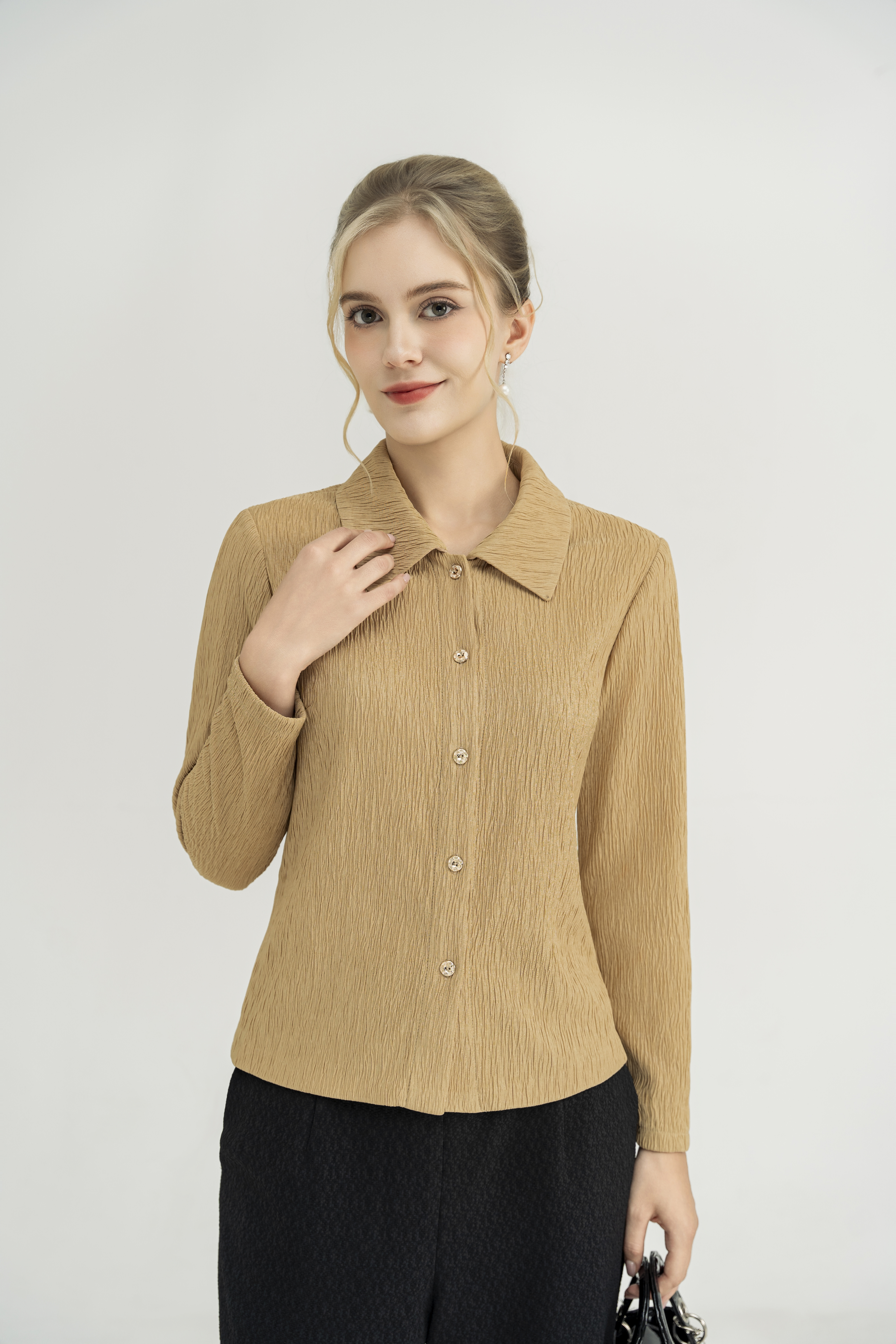 Áo sơ mi kiểu Vải thun gân 3D Cổ sơ mi cách điệu Tay dài Dài qua eo