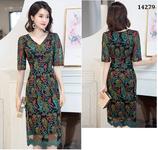 14279-Đầm body  suông ren tay lở in hoa xanh lá ( ren, lót)_thumbnail_0