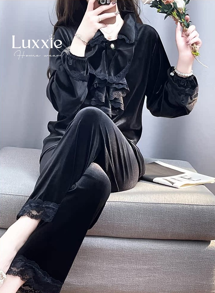 NHUNG35 Bộ ngủ nhung cổ bèo tầng