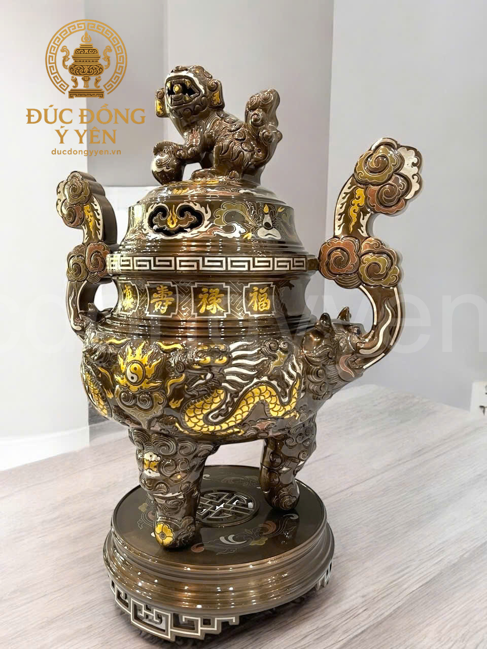 Bộ đỉnh thờ khảm ngũ sắc rồng nổi đúc đồng đỏ _thumbnail_2