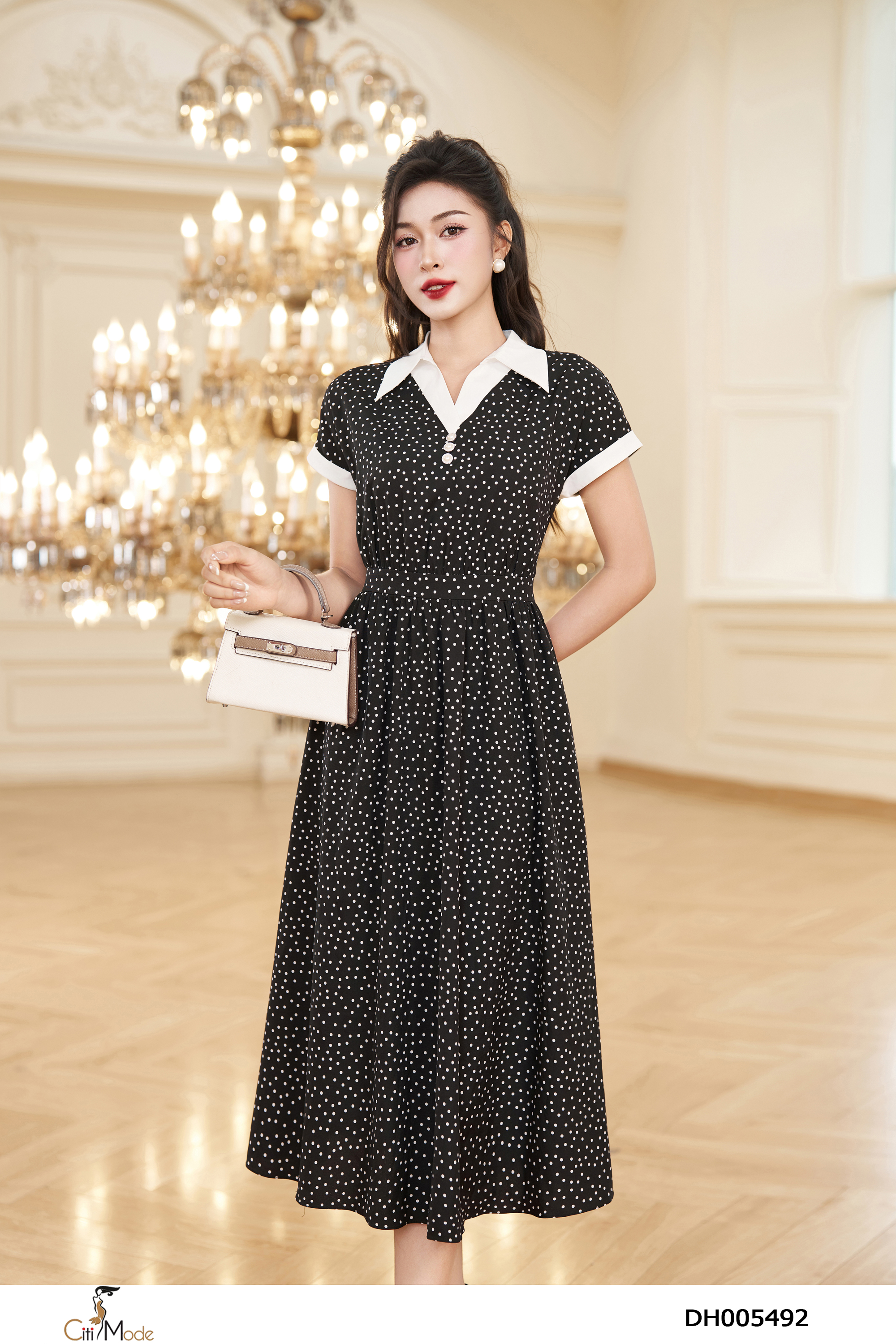 Đầm xòe chấm bi đen cổ đức phối trắng tay chờm_thumbnail_1