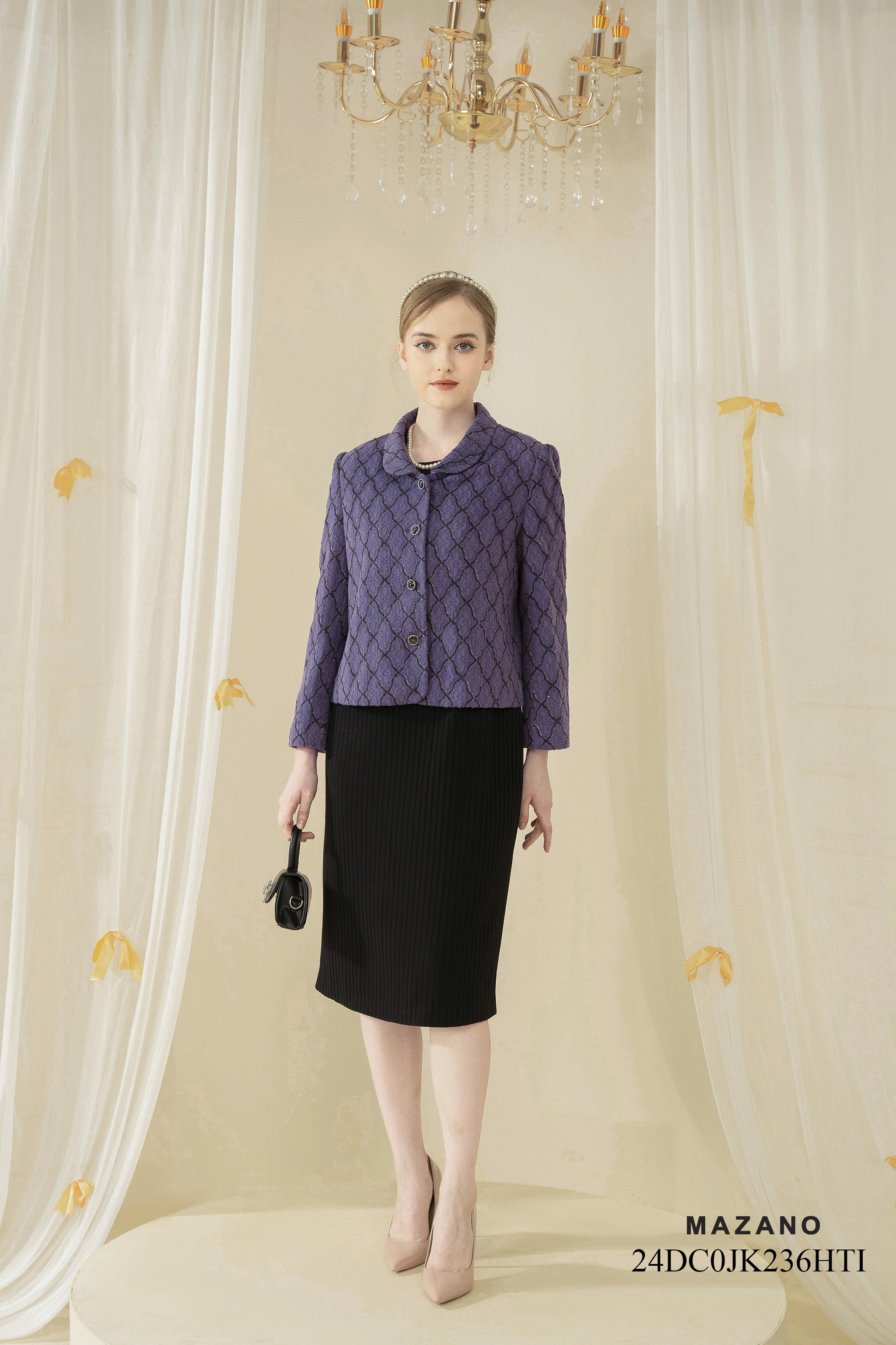 Áo khoác ngắn Suông Vải dạ len cao cấp Họa tiết quả trám Dài dưới eo