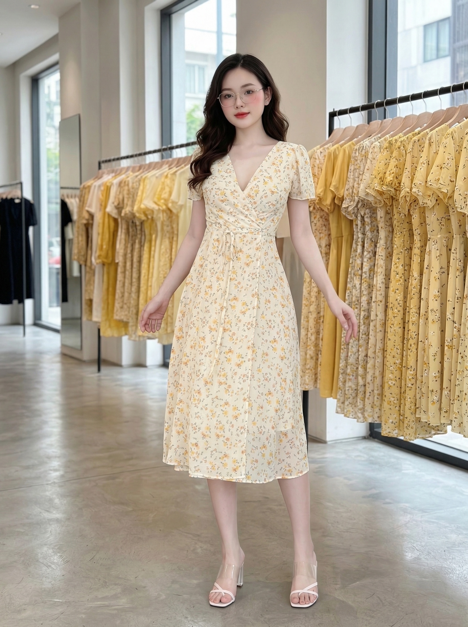 Đầm công sở họa tiết cổ V