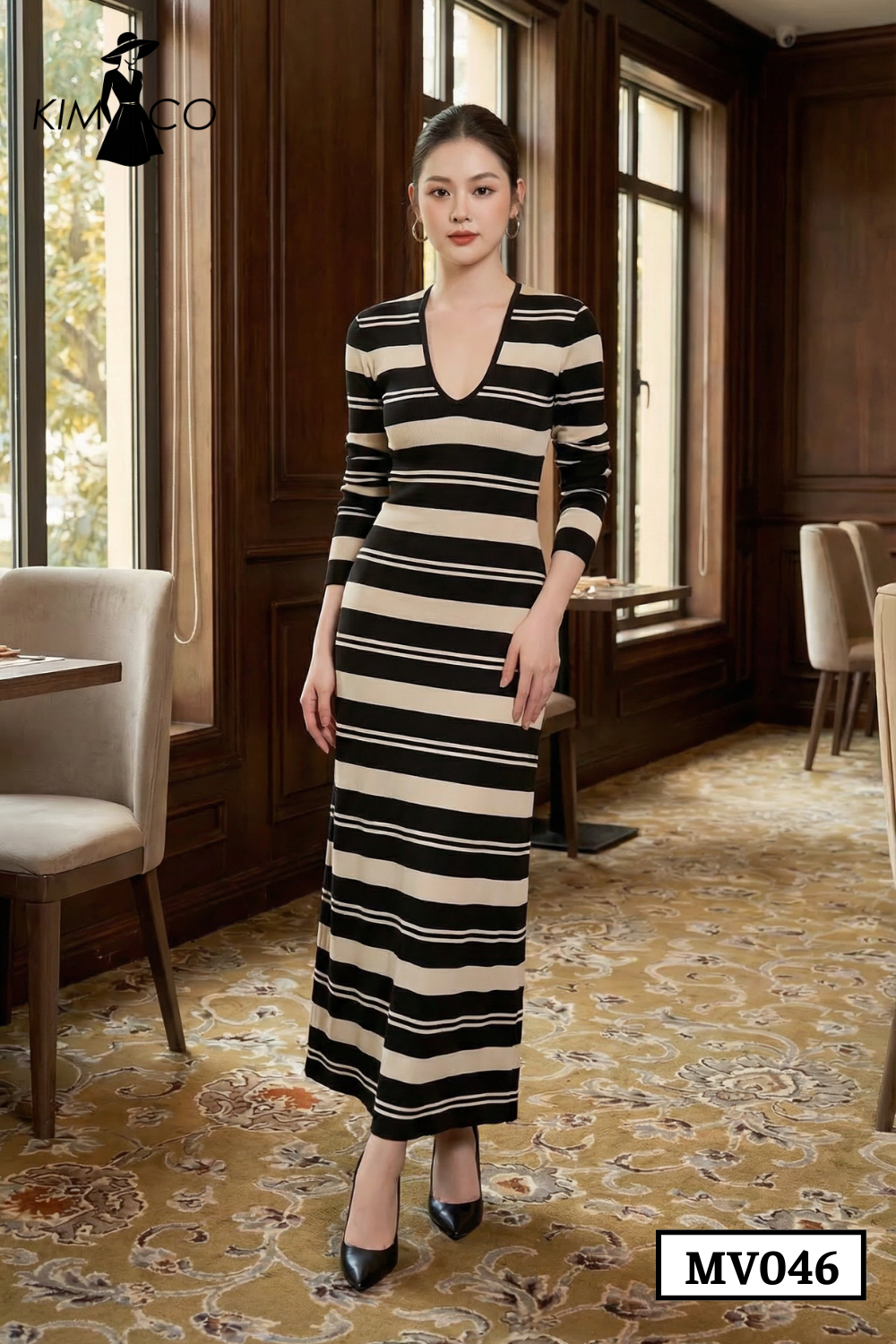 Đầm Len Kẻ Sọc Cổ V Dáng Dài - MV046