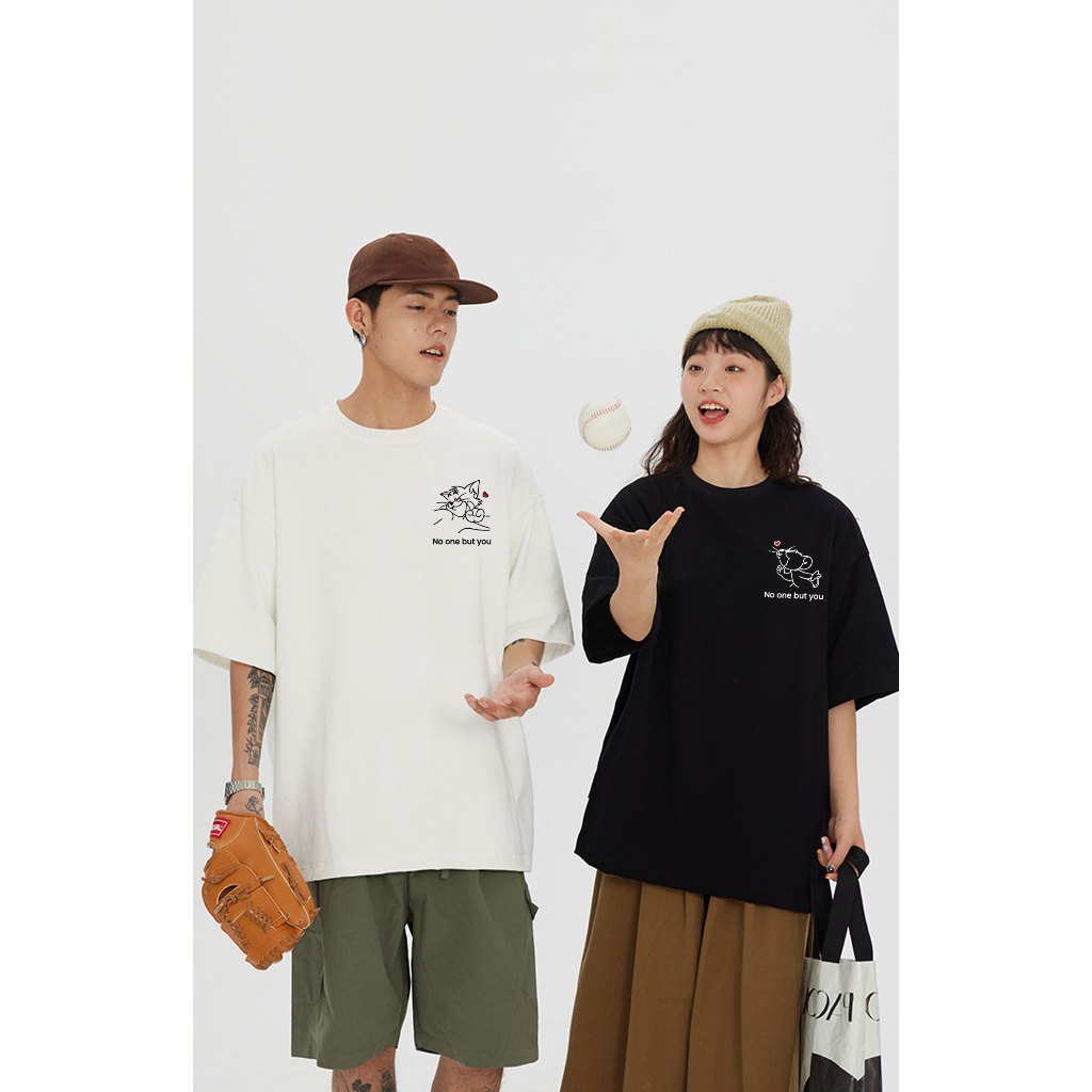 Áo thun couple form rộng cute hoạt hình unisex ATD1055 Miucho vải cotton tay lỡ cổ tròn in mix_thumbnail_5