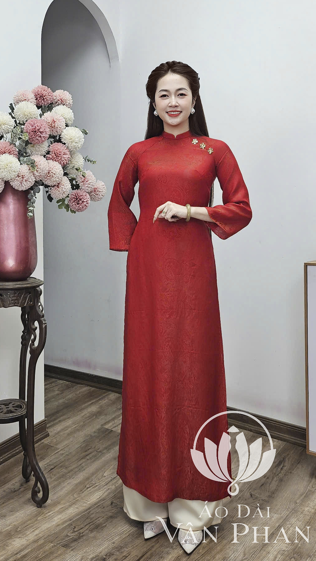 CT357 áo dài cách tân cổ 2p tay loe dài tằm tencel màu cam