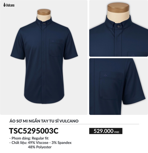 Áo sơ mi cổ côn ngắn tay màu xanh than vải sợi tre bambo Vulcano size L