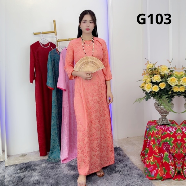 Áo dài Gấm G103 màu Cam cổ tròn khít tay loe nhẹ