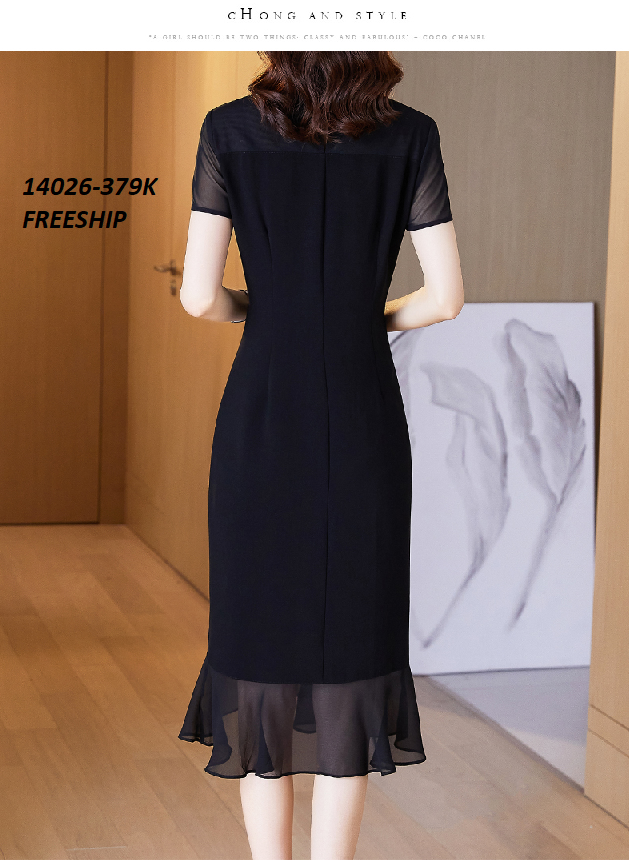 14026-Đầm body phối voan bèo  đuôi cá cổ viền tròn cách điệu ( thun mịn, voan)FREESSHIP_thumbnail_2