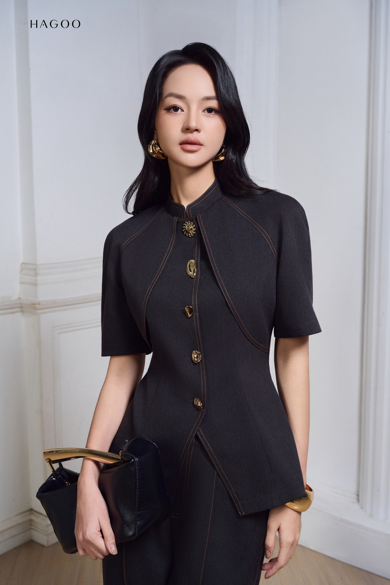 Sét bò lụa diễu chỉ khuy thiết kế HAGOO