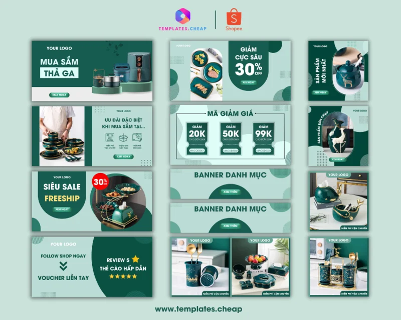 Bộ Templates Gia dụng Shopee/ Lazada – Tone xanh ngọc lục bảo