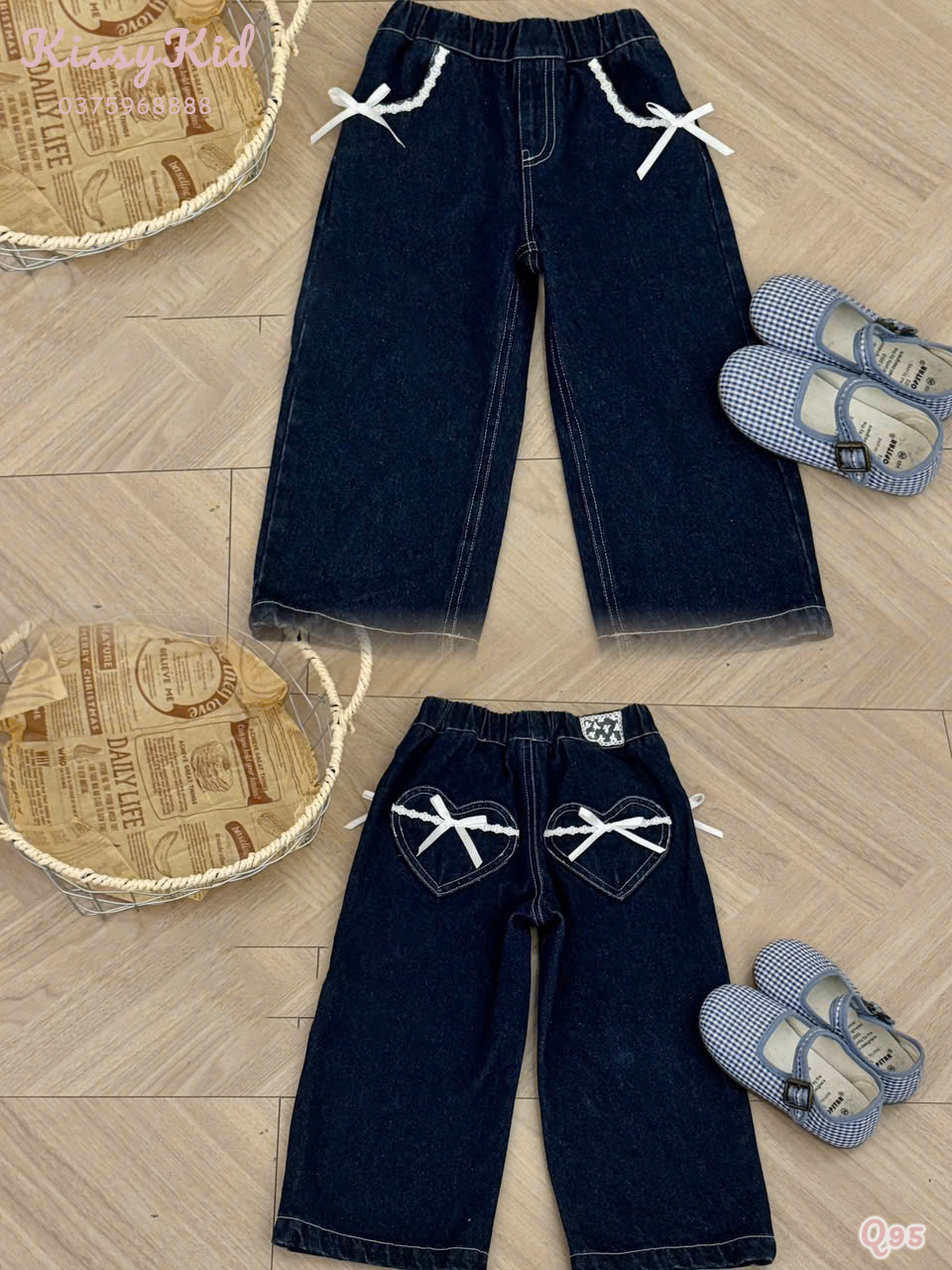 (Q95) Quần bò ống đứng màu xanh sậm có túi viền ren_thumbnail_0