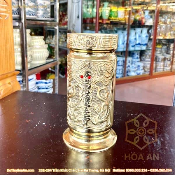 Ống Đựng Hương Đồng Vàng Khắc Nổi Rồng1