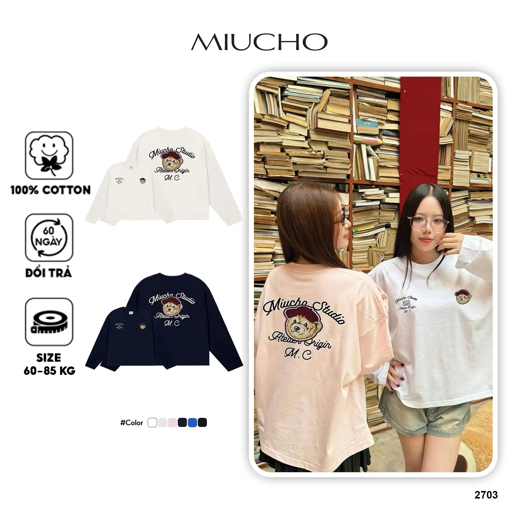 Áo thun form boxy tay dài Miucho Studio cotton 2 chiều dày dặn thoáng mát cổ tròn in mix 2703