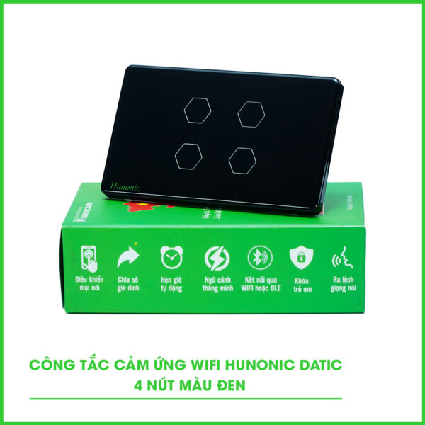 Công tắc cảm ứng WiFi Hunonic Datic 4 Nút, màu Đen