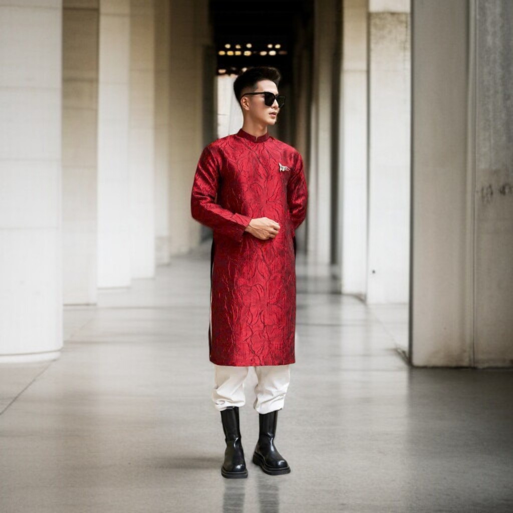 Áo Dài Nam Cách Tân Gấm Vân Dáng Ngắn Khóa Sau N002