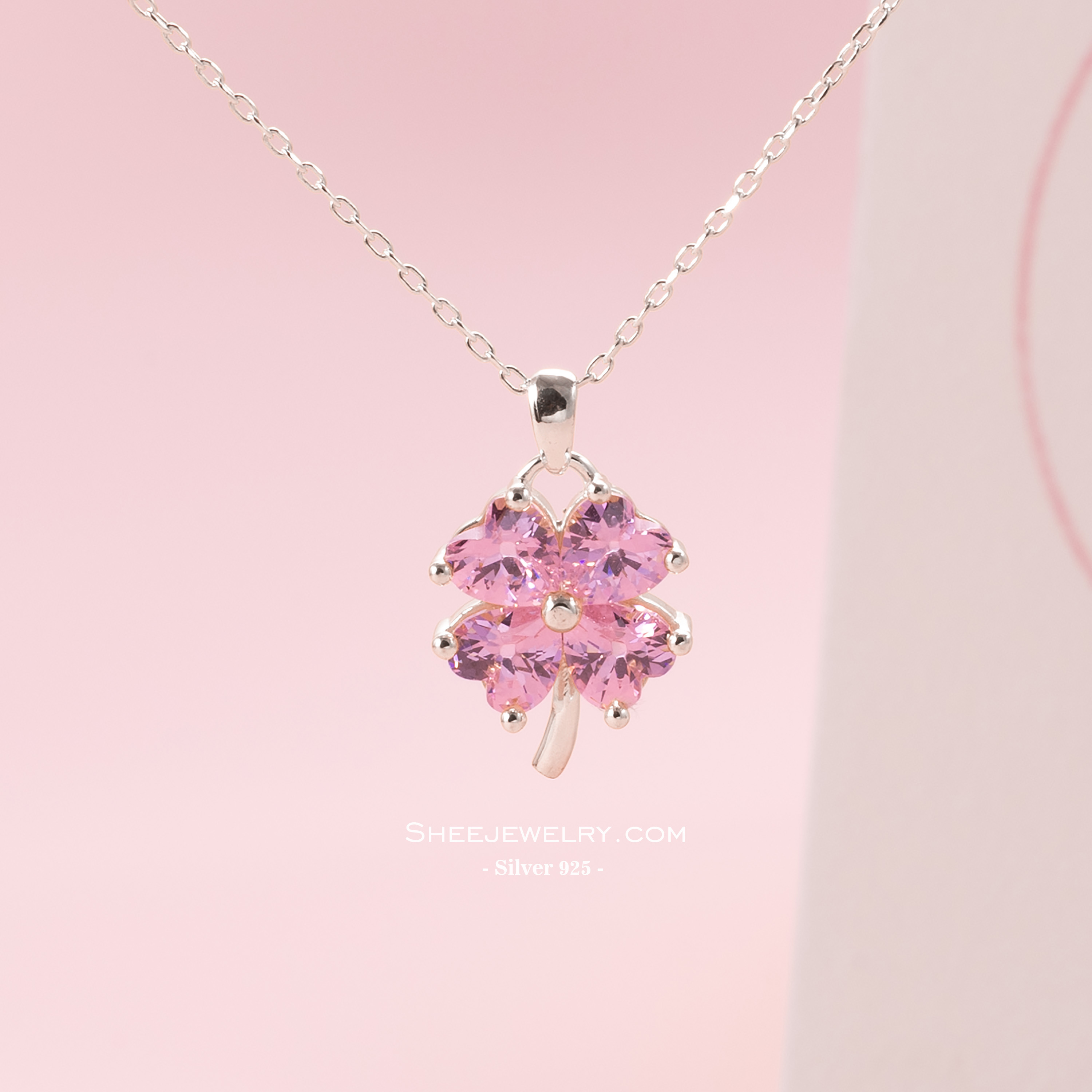 Dây chuyền bạc nữ Shee Jewelry 925 cỏ bốn lá đá tim cao cấp – phụ kiện may mắn, tôn da, quà tặng ý nghĩa DC003