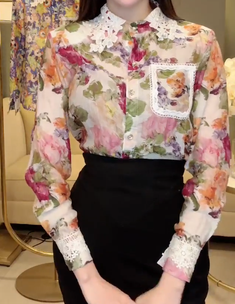 Sơ Mi Hoa Cổ Phối Ren Túi