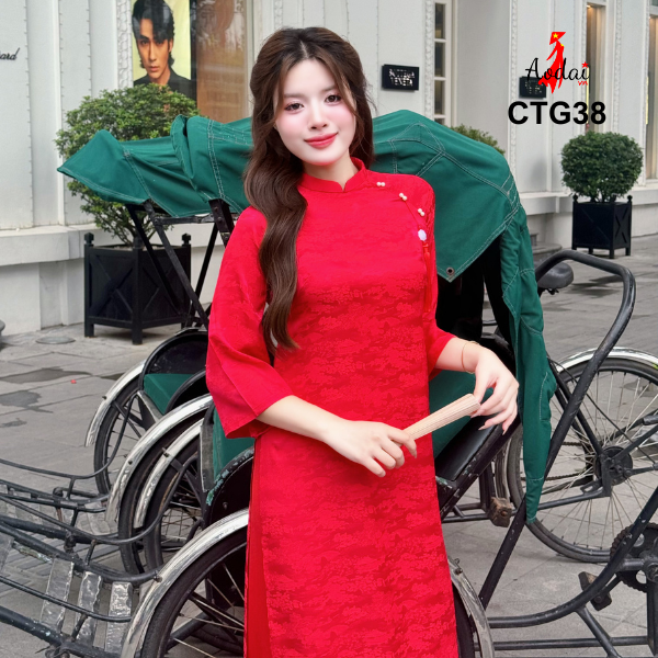 CTG38 Áo dài cách tân Gấm hoa Viên màu đỏ cổ cao 2cm tay