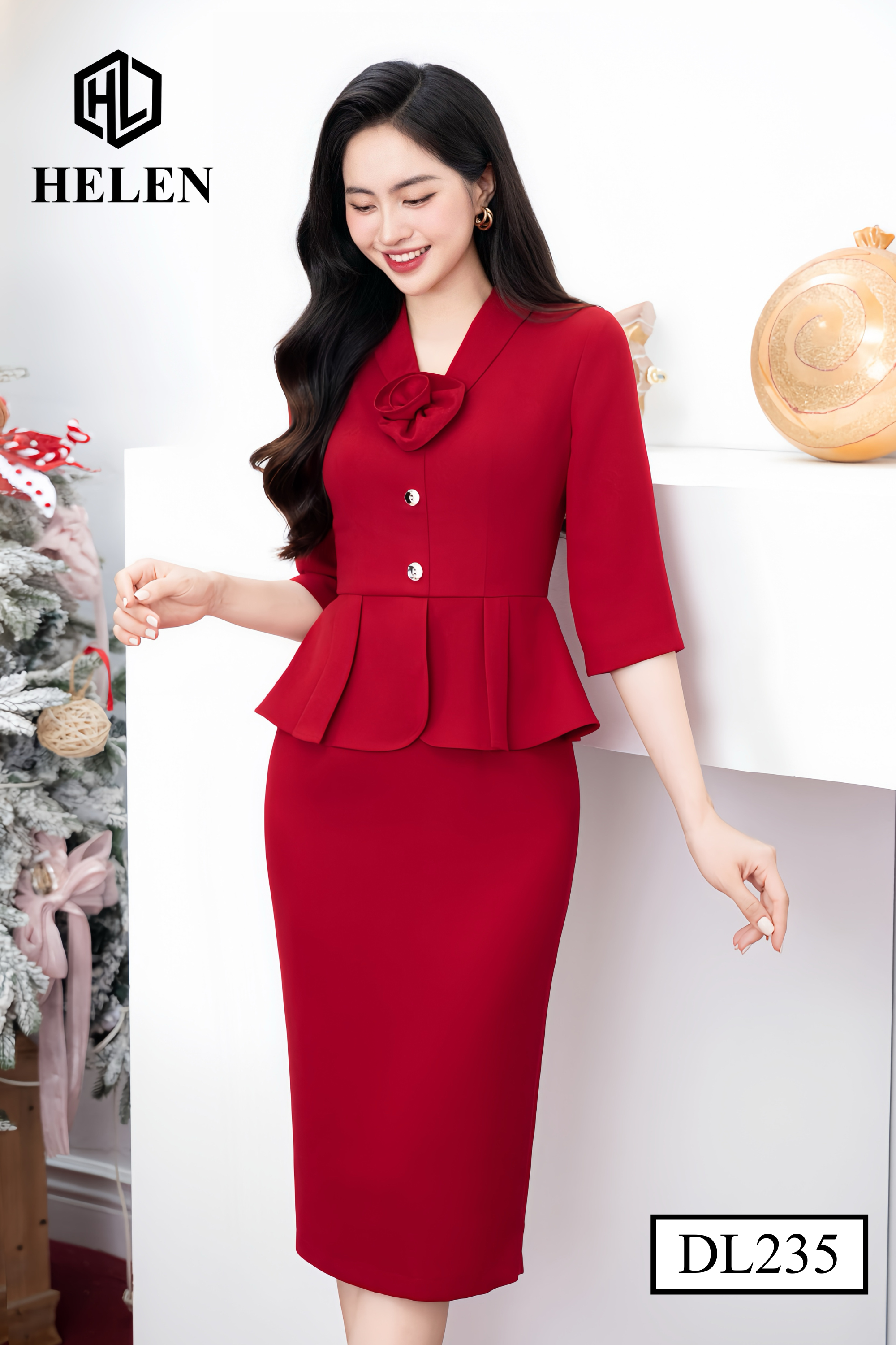 Đầm ôm đỏ đô peplum cổ vest đính hoa ngực DL235_thumbnail_2