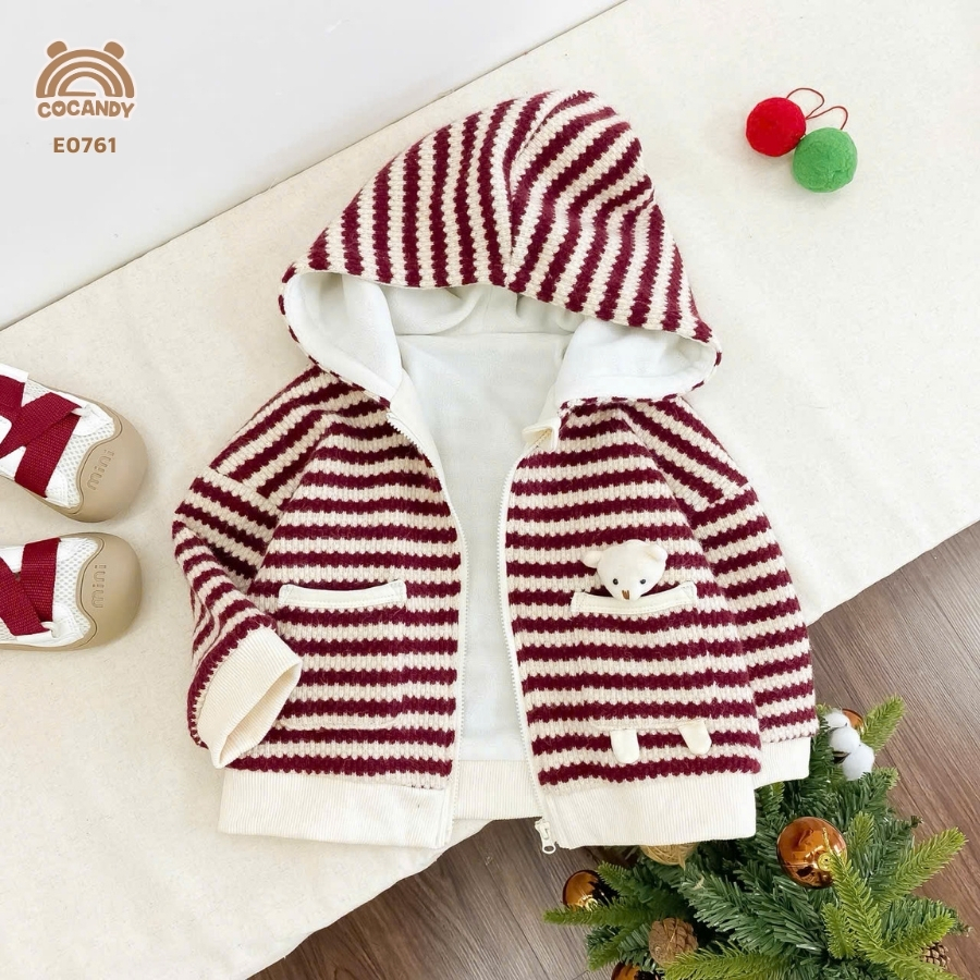 Áo khoác len dài kẻ ĐỎ mũ chóp