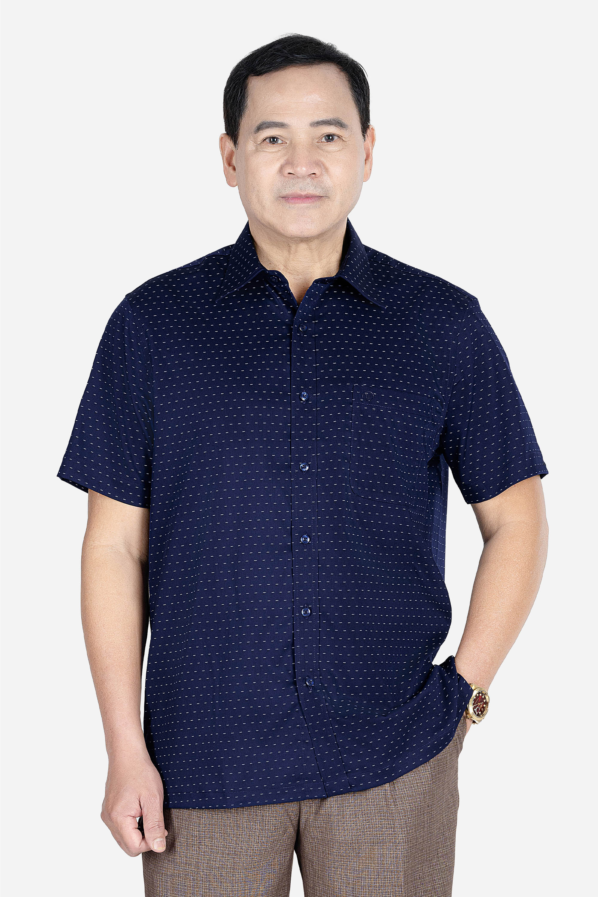 Sơ Mi Cộc Tay Họa Tiết Nam Trung Niên ANCHI Chất Liệu Sợi Sồi Cao Cấp Phom Suông Vạt Ngang Màu Xanh Than