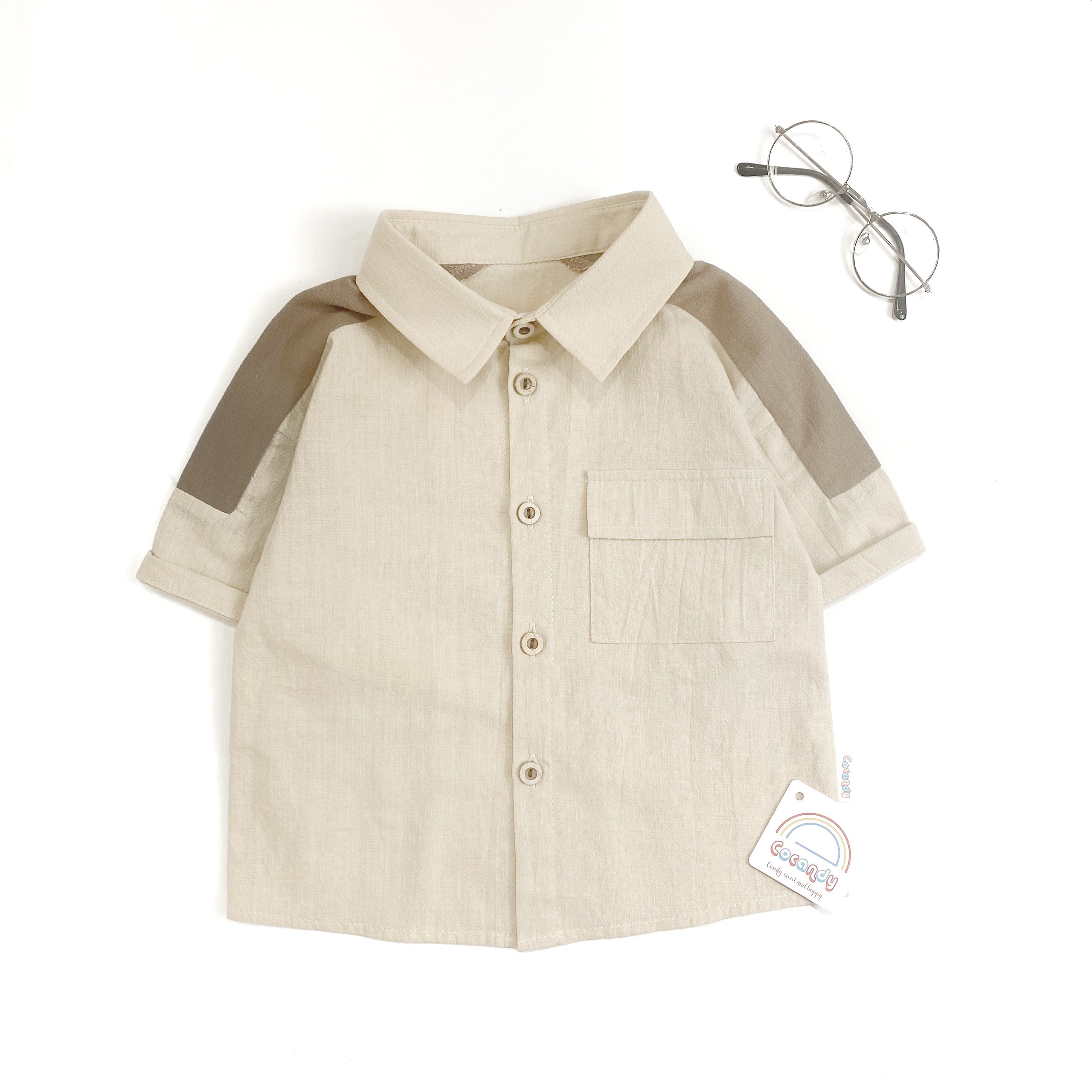 Áo cộc sơ mi BE vai phối NÂU_thumbnail_2