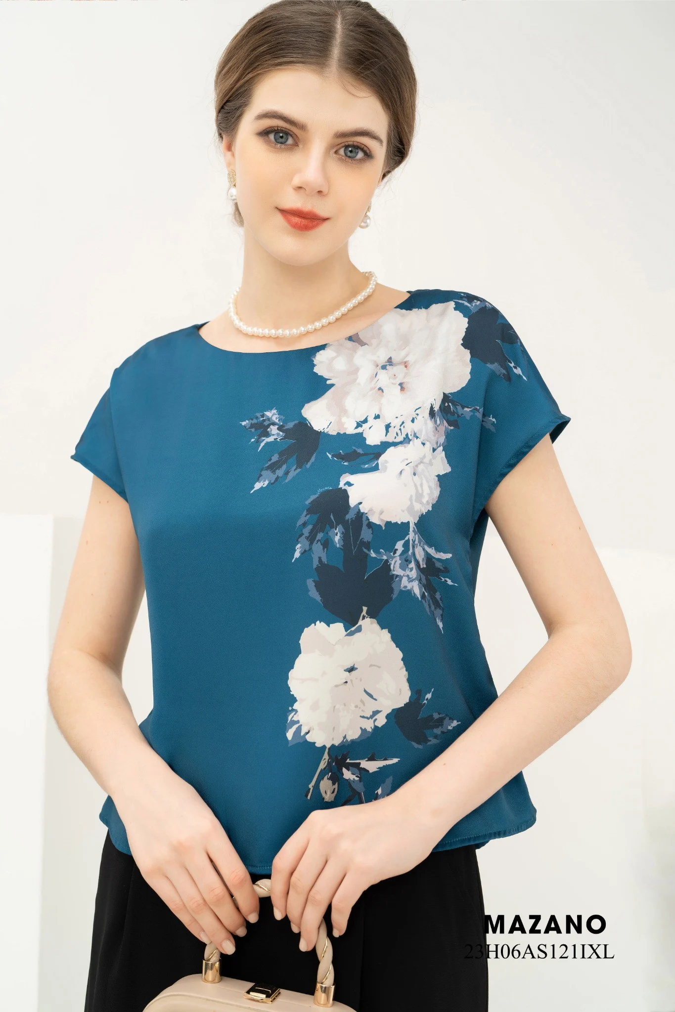 Áo Top ngắn chui đầu Suông Vải lụa mỏng Họa tiết hoa cách điệu Cổ tròn Tay ngắn Dài dưới eo_thumbnail_3