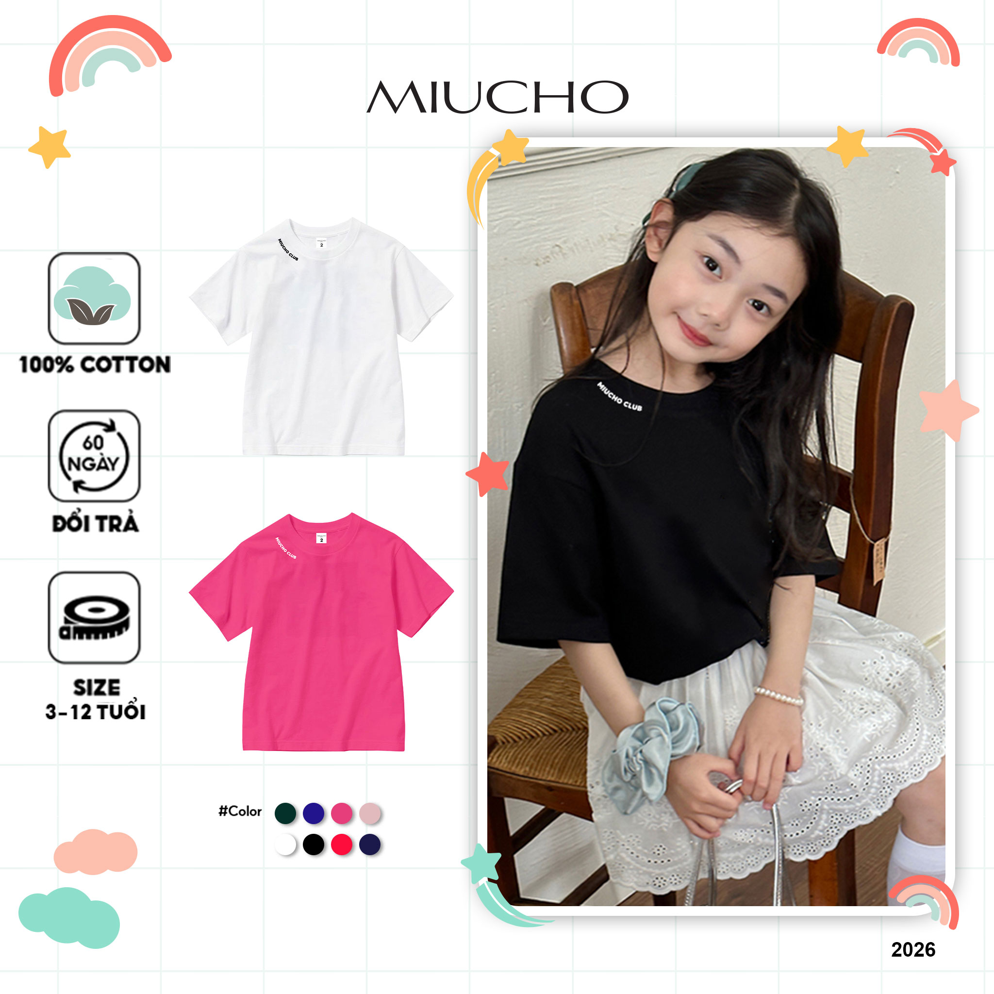 Áo thun bé gái local brand 2026 Miucho Kid cổ tròn vải cotton co giãn thoáng mát in mix_thumbnail_1