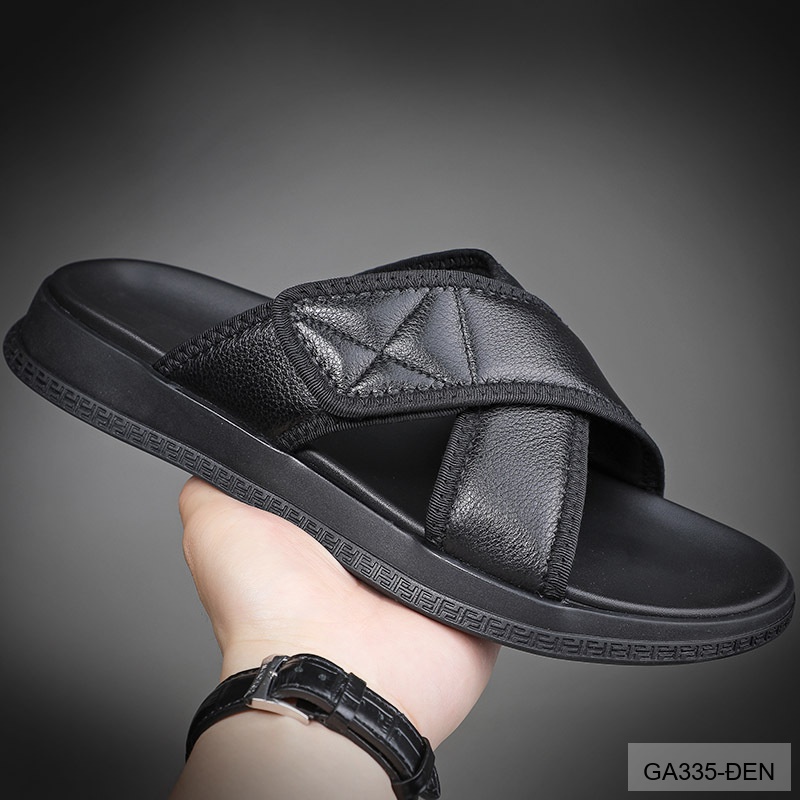 GA335 - Dép lê nam da bò kiểu Hàn màu đen đế cao su êm chân