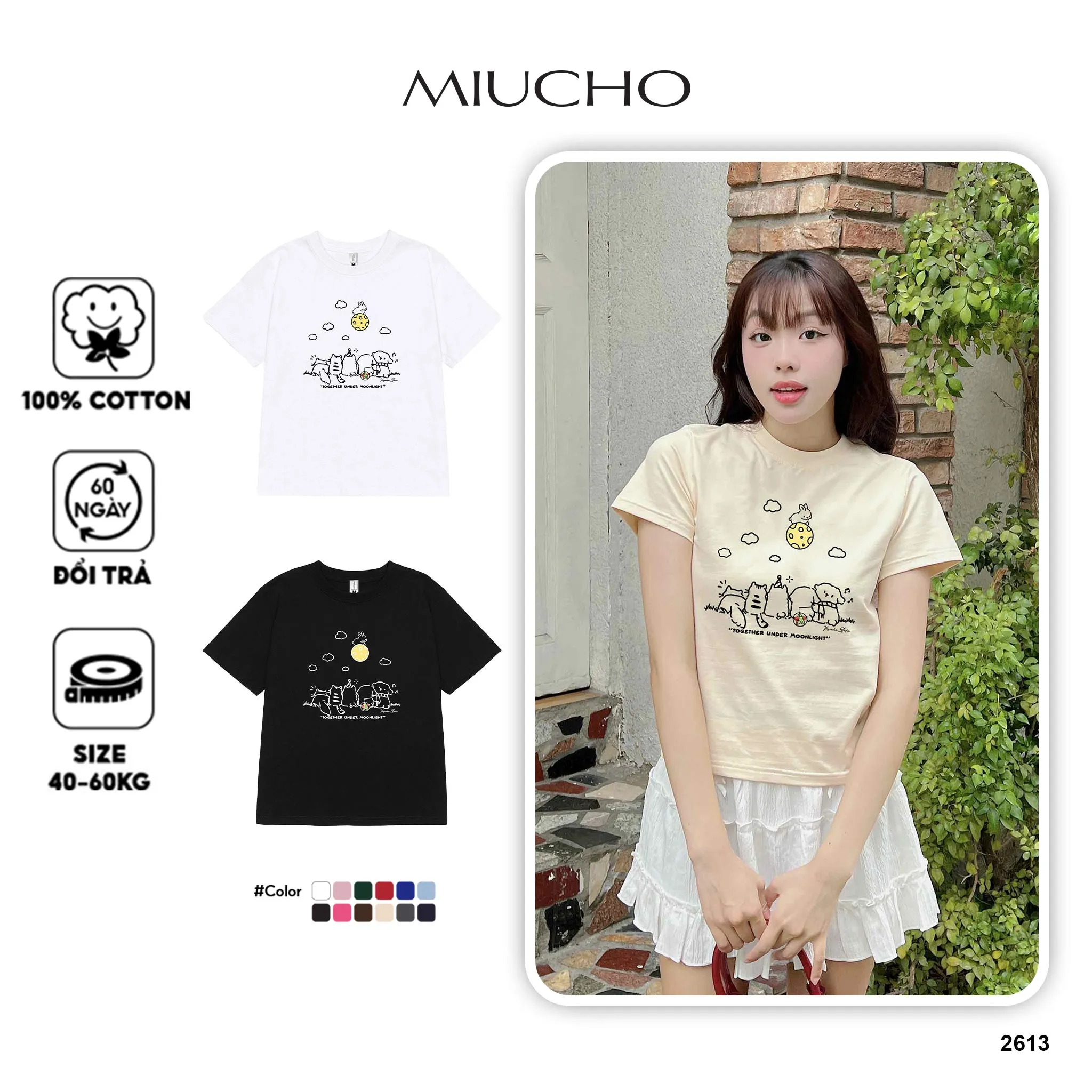 Áo baby tee nữ hình thú đáng yêu 2613 Miucho tay ngắn cổ tròn vải cotton thoáng mát in mix