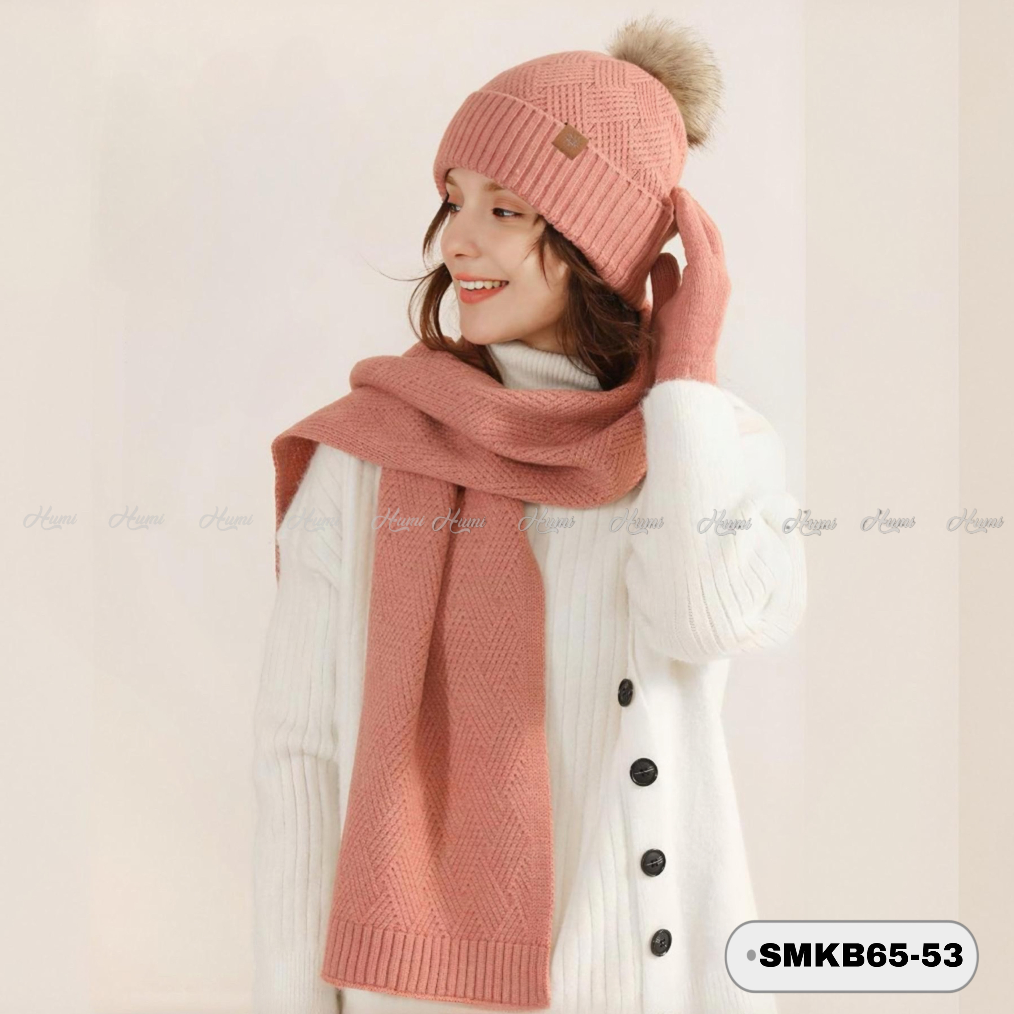 BỘ MŨ + KHĂN DÀI + GĂNG TAY CHO NỮ (SMKB65-53 HỒNG)