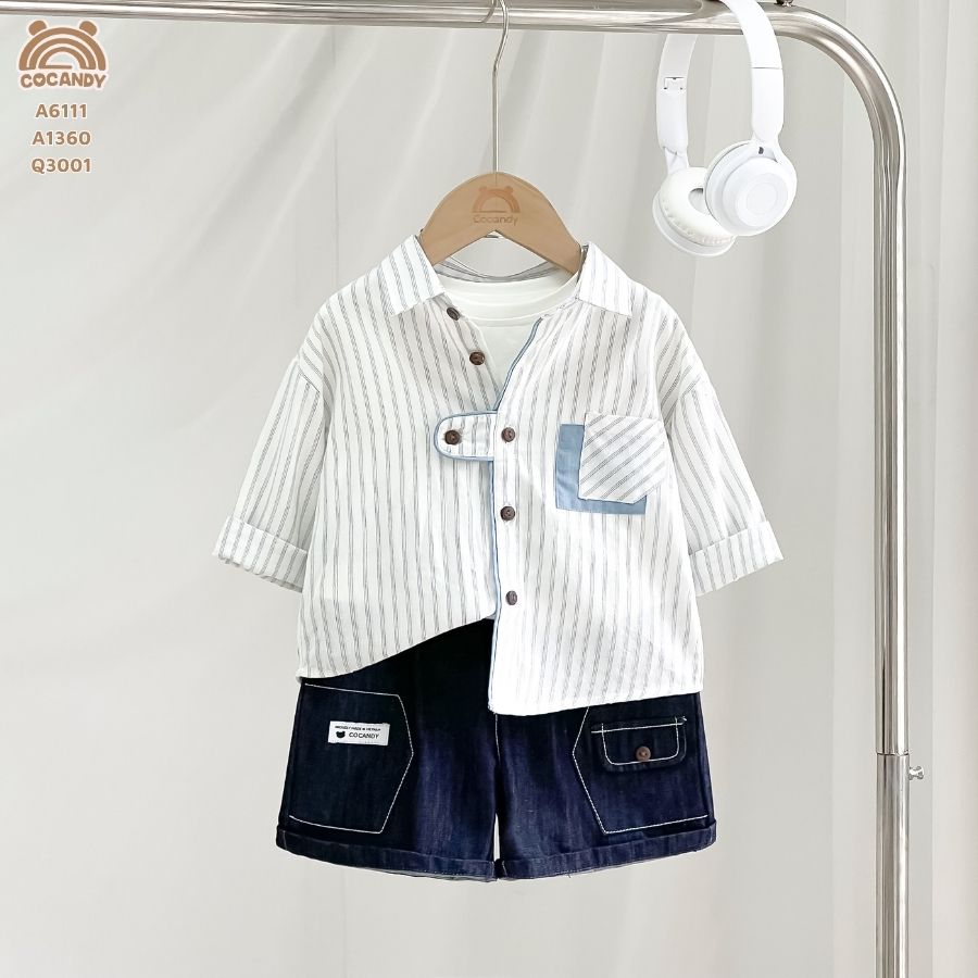 Áo dài sơ mi BE kẻ sọc túi ngực phối XDƯƠNG_thumbnail_2