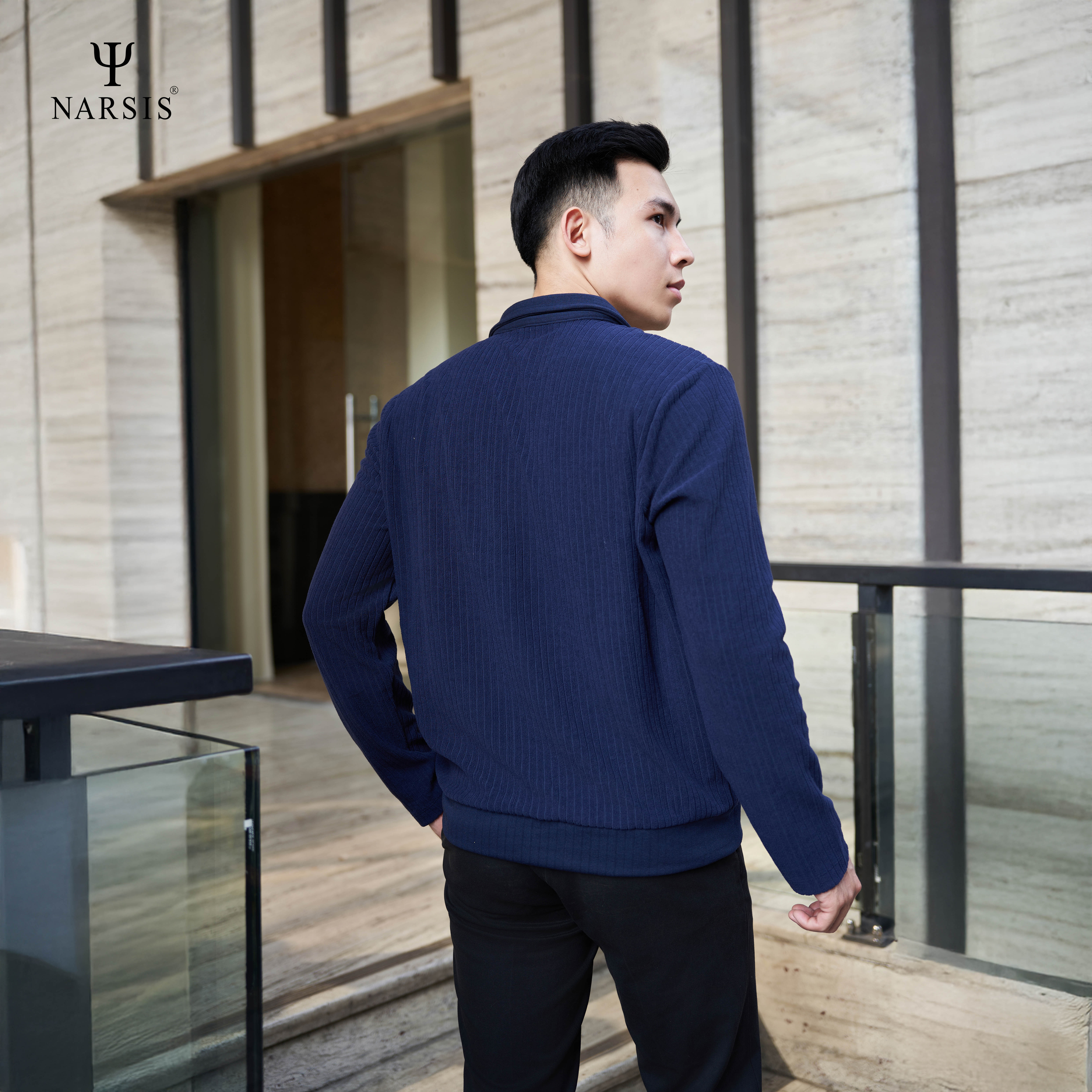 Áo polo nam dài tay Narsis D24036 chất cotton polyester, màu navy trung tính, lịch lãm._thumbnail_3
