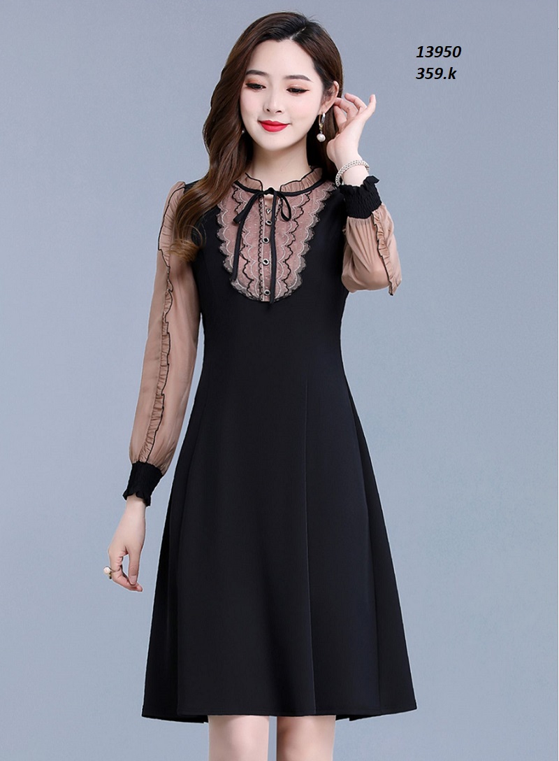 13950-Đầm suông tay lở cổ nhún viền bèo thắt nơ ( thun mịn, tơ nhung)FREESHIP_thumbnail_3