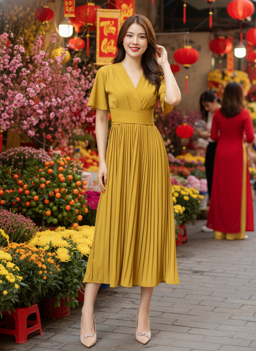 Váy xòe xếp ly cổ V tay cánh tiên_thumbnail_11