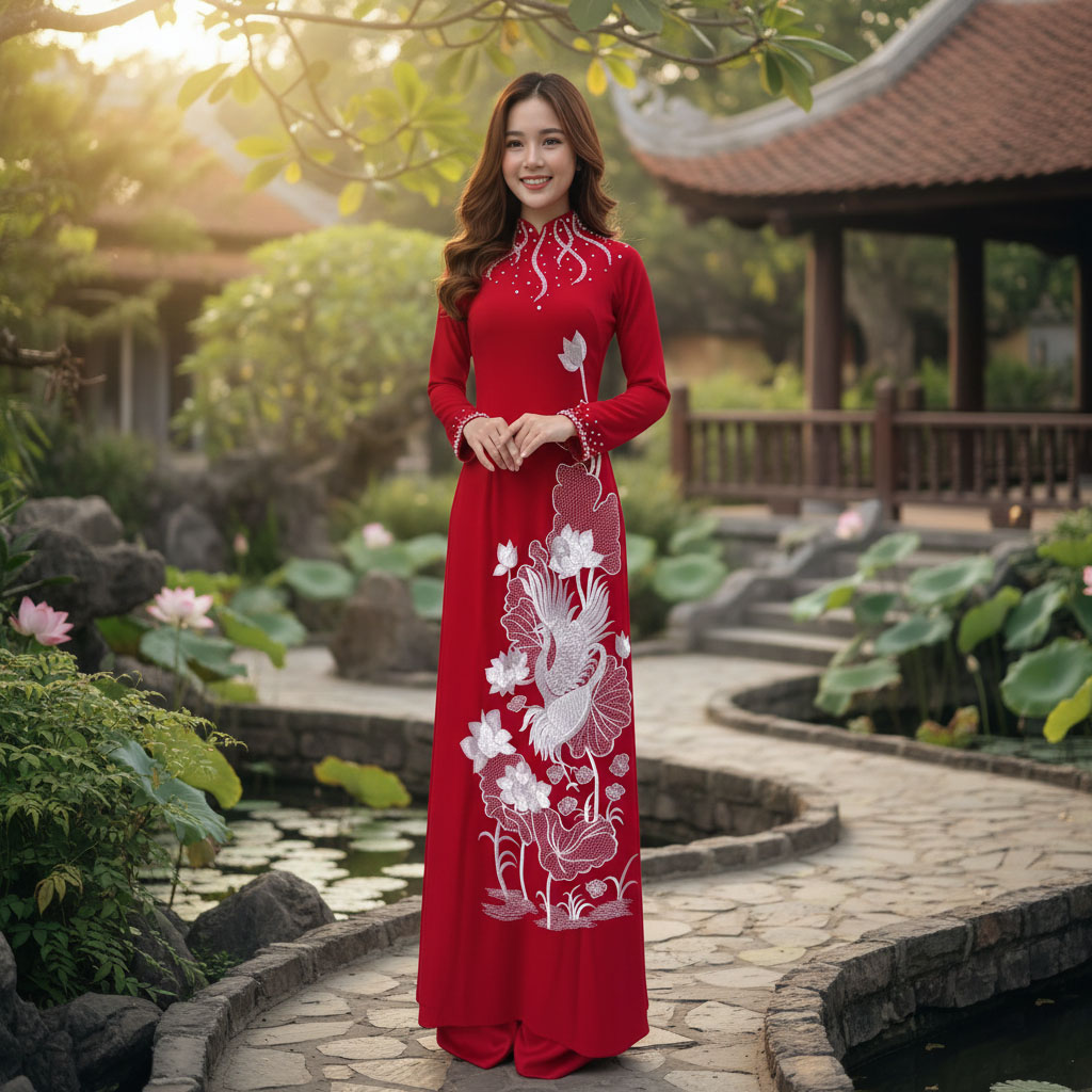 Áo Dài Bà Sui Thêu Sen Hạc Truyền Thống Cho Mẹ Cô Dâu Chú Rể AM26-07