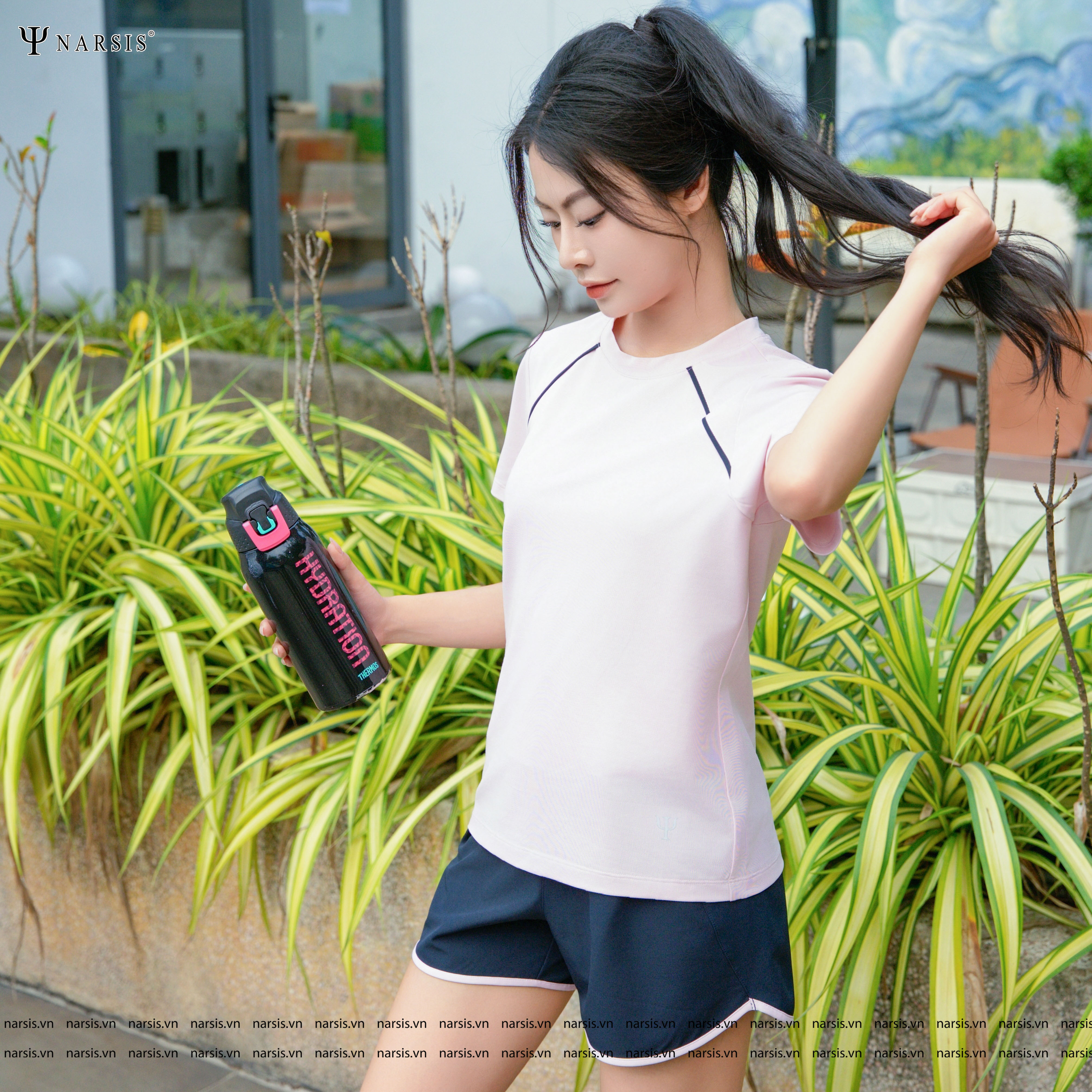 Set Thể Thao Nữ Narsis, Quần Đùi Và Áo Thun, Chất Mềm Mại, Tập Gym, Yoga, Thoáng Mát, Thời Trang H25001_thumbnail_3